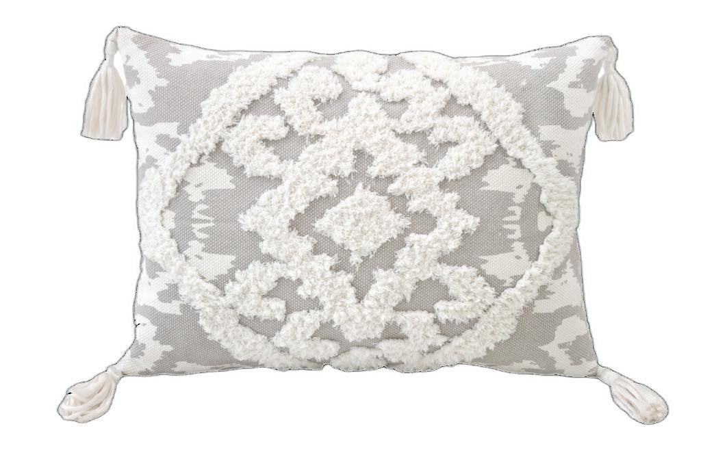 13" X 18" Grey And White Damask Zippered Polyester And Cotton Blend Throw Pillow With Tassels - Minihomy