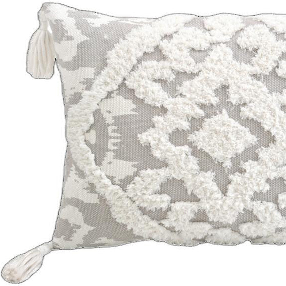 13" X 18" Grey And White Damask Zippered Polyester And Cotton Blend Throw Pillow With Tassels - Minihomy