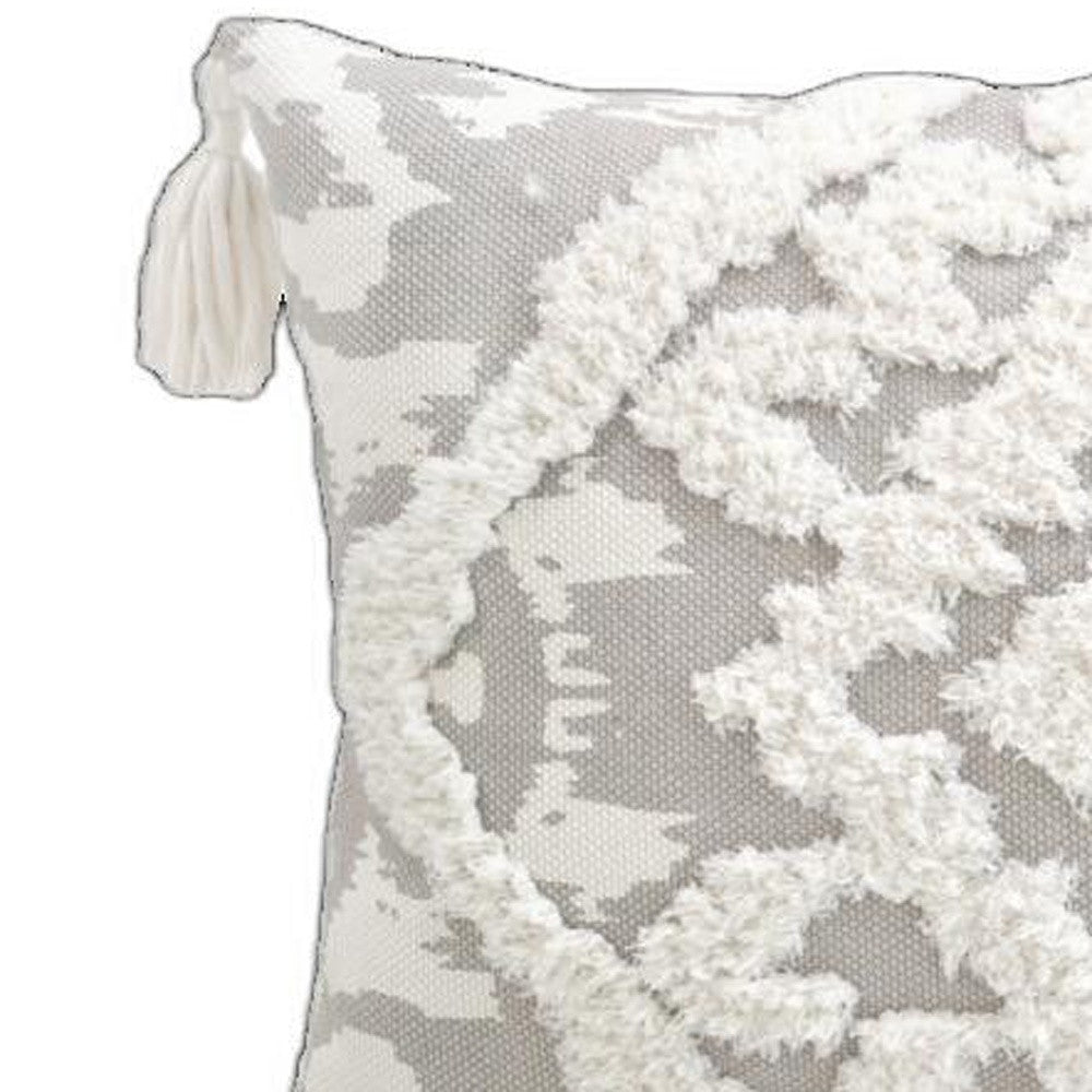 13" X 18" Grey And White Damask Zippered Polyester And Cotton Blend Throw Pillow With Tassels - Minihomy