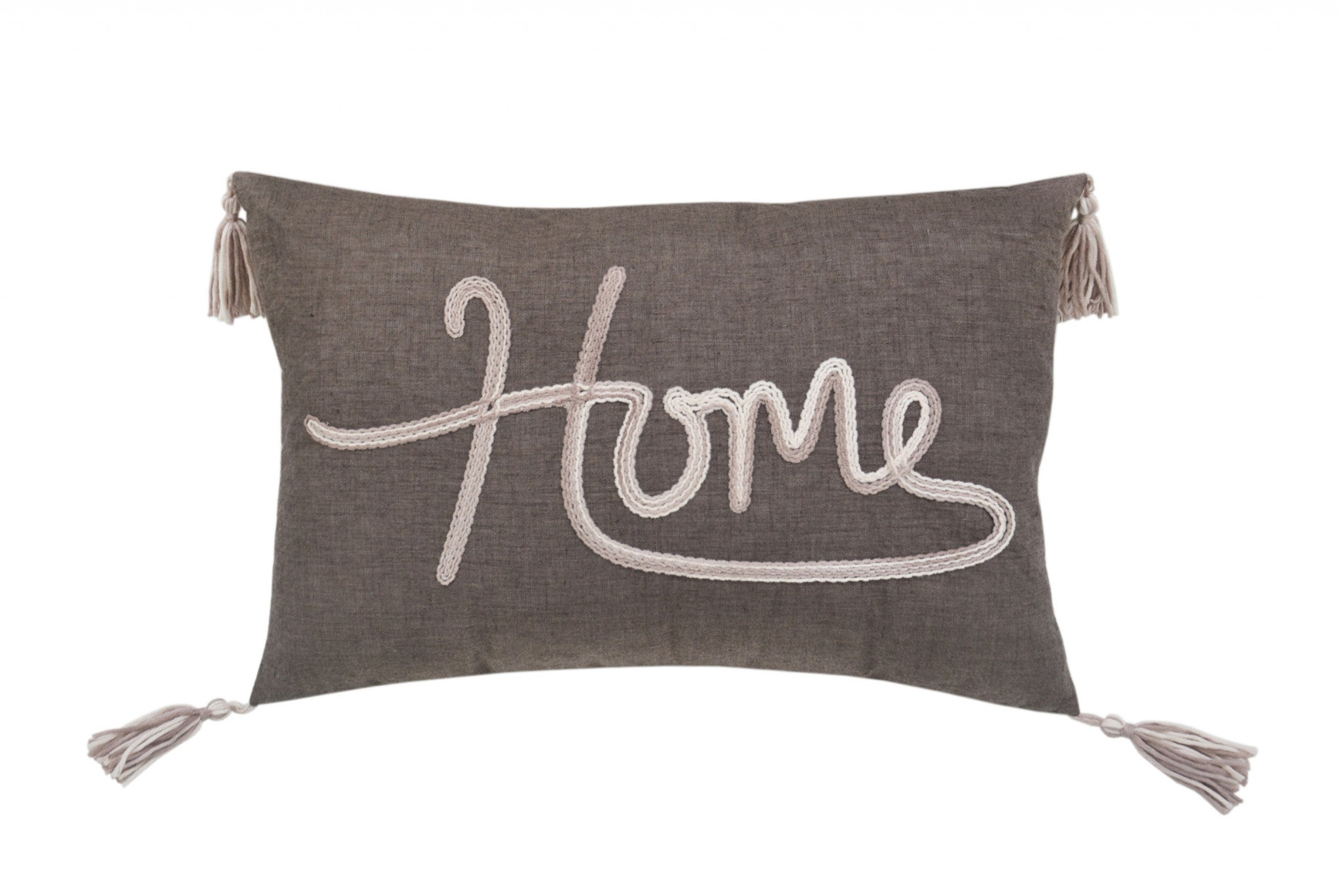 13" X 20" GreyTaupe And White Text Zippered Polyester Throw Pillow With Tassels - Minihomy