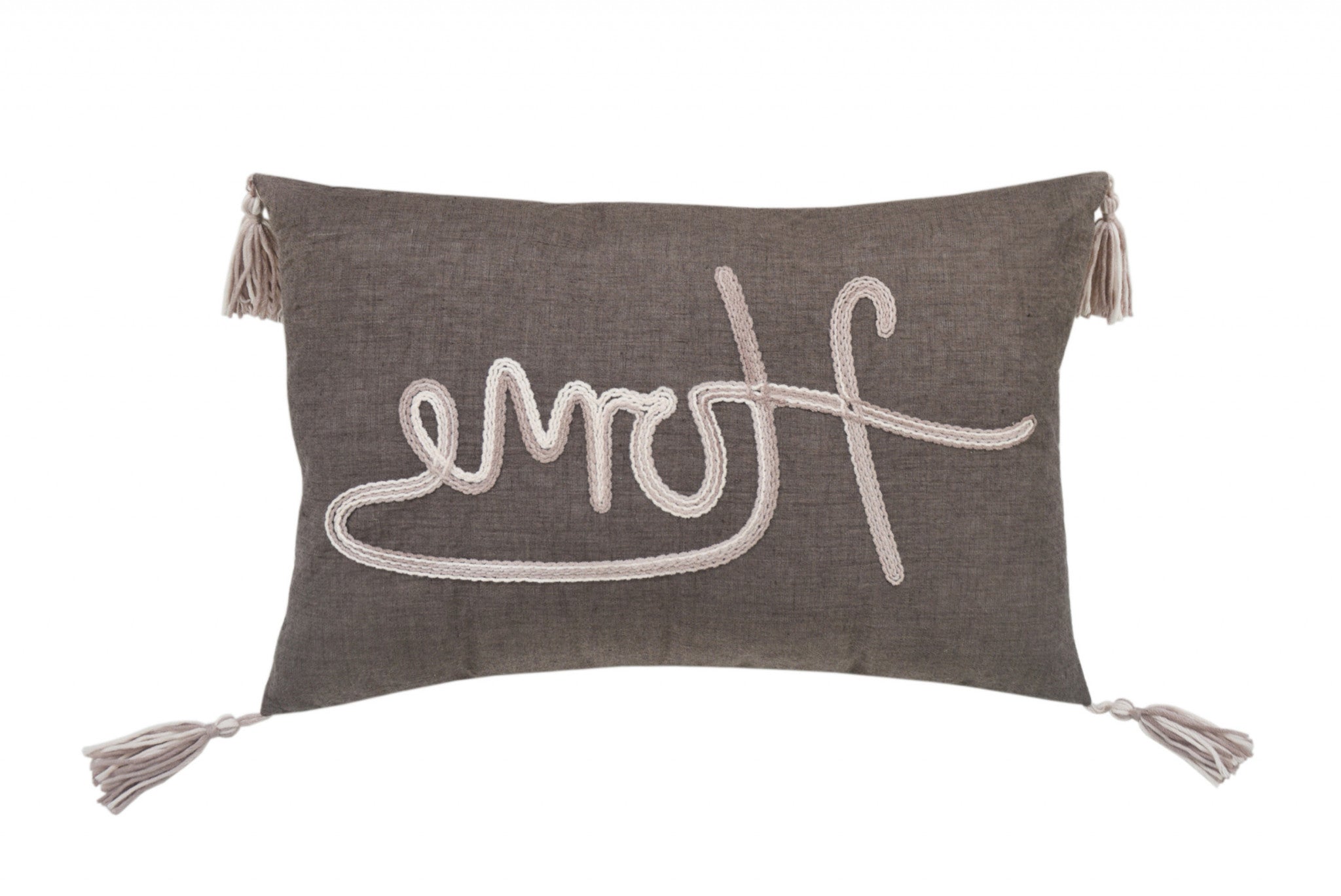 13" X 20" GreyTaupe And White Text Zippered Polyester Throw Pillow With Tassels - Minihomy