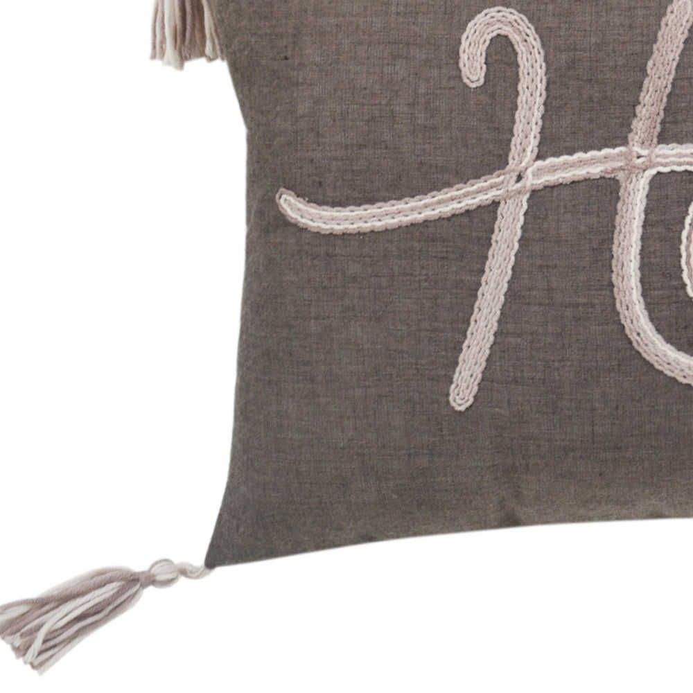 13" X 20" GreyTaupe And White Text Zippered Polyester Throw Pillow With Tassels - Minihomy