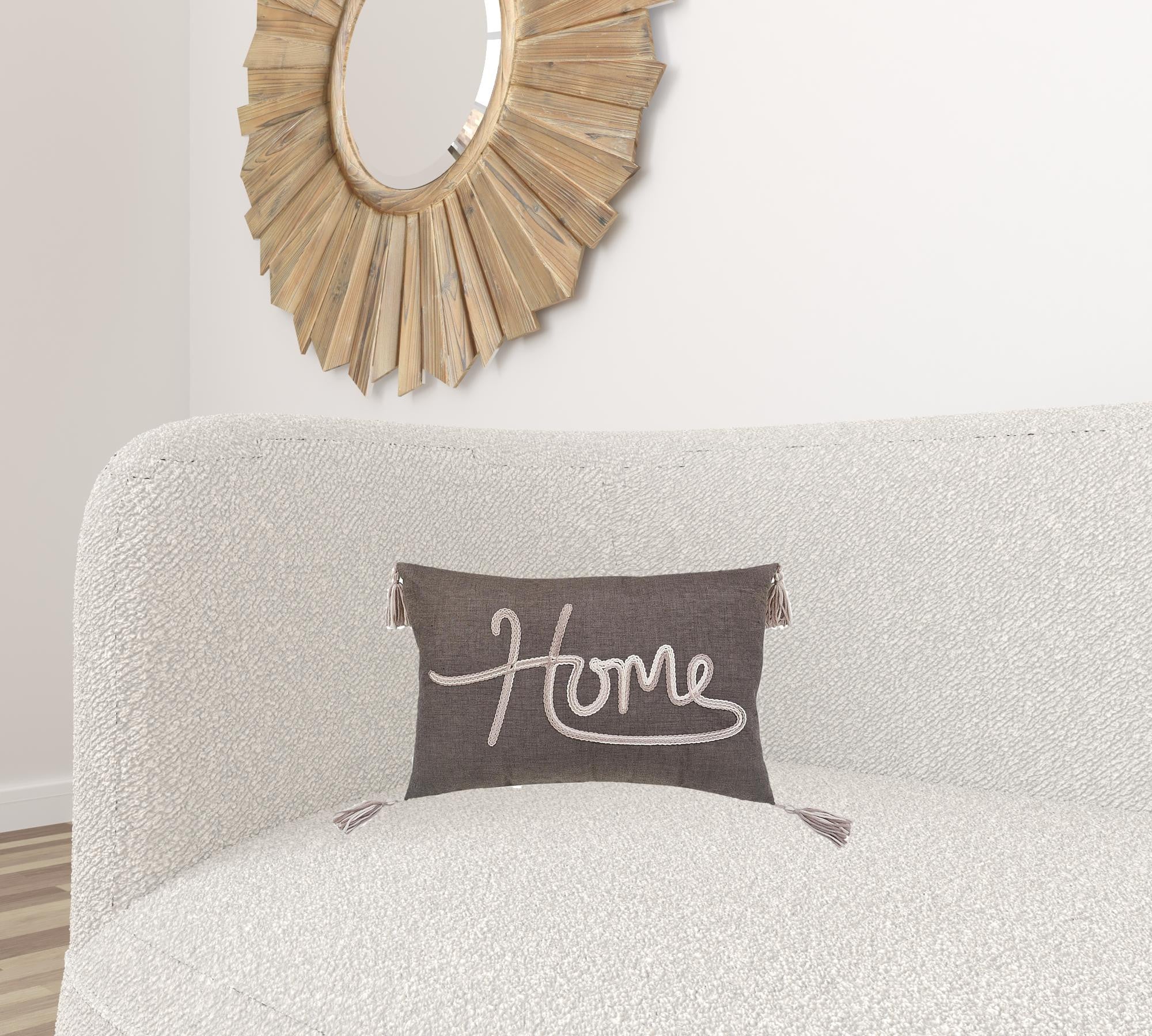 13" X 20" GreyTaupe And White Text Zippered Polyester Throw Pillow With Tassels - Minihomy