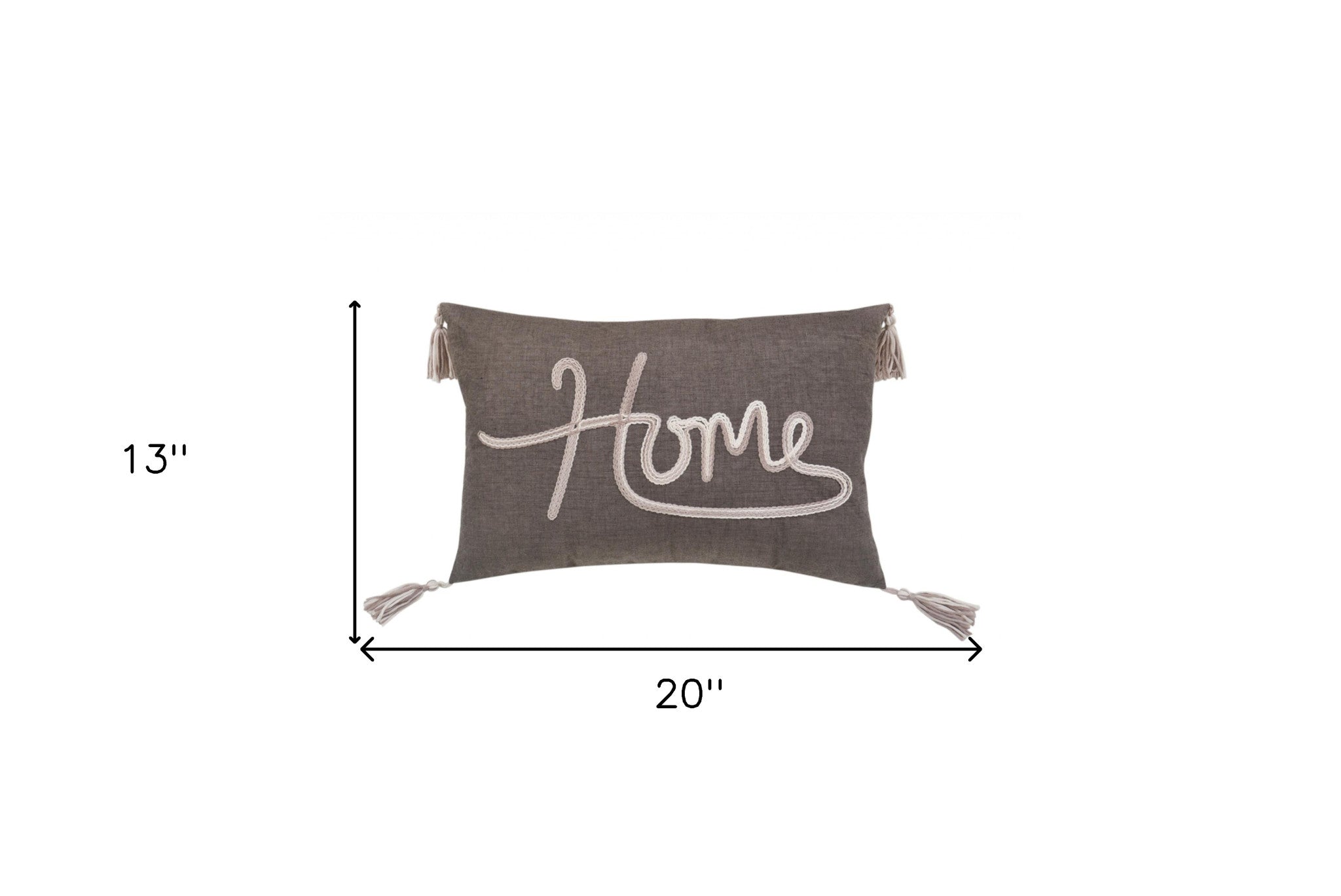 13" X 20" GreyTaupe And White Text Zippered Polyester Throw Pillow With Tassels - Minihomy