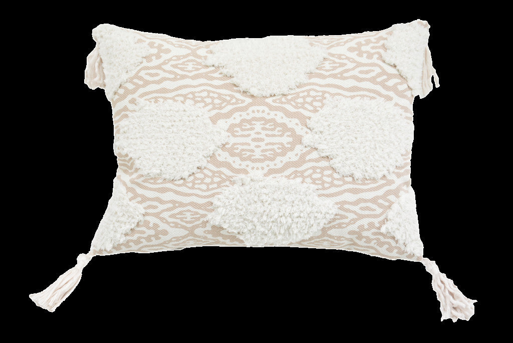 13" X 18" Beige And White Ogee Zippered Polyester And Cotton Blend Throw Pillow With Tassels - Minihomy