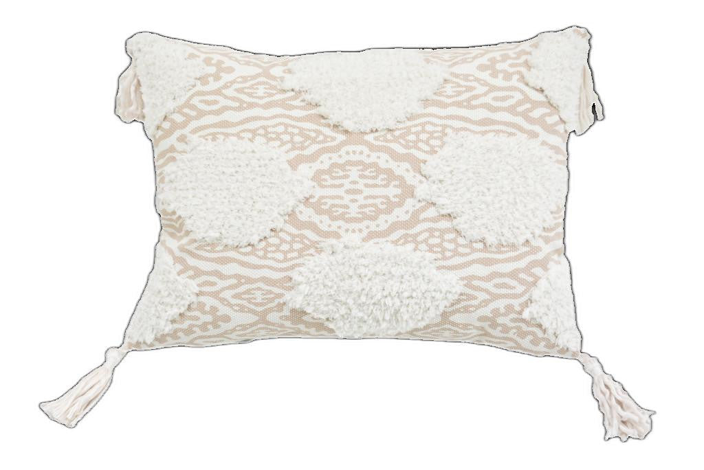 13" X 18" Beige And White Ogee Zippered Polyester And Cotton Blend Throw Pillow With Tassels - Minihomy