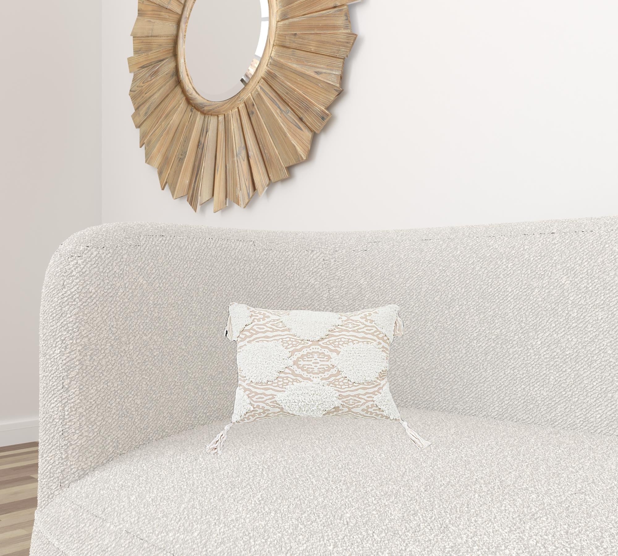 13" X 18" Beige And White Ogee Zippered Polyester And Cotton Blend Throw Pillow With Tassels - Minihomy