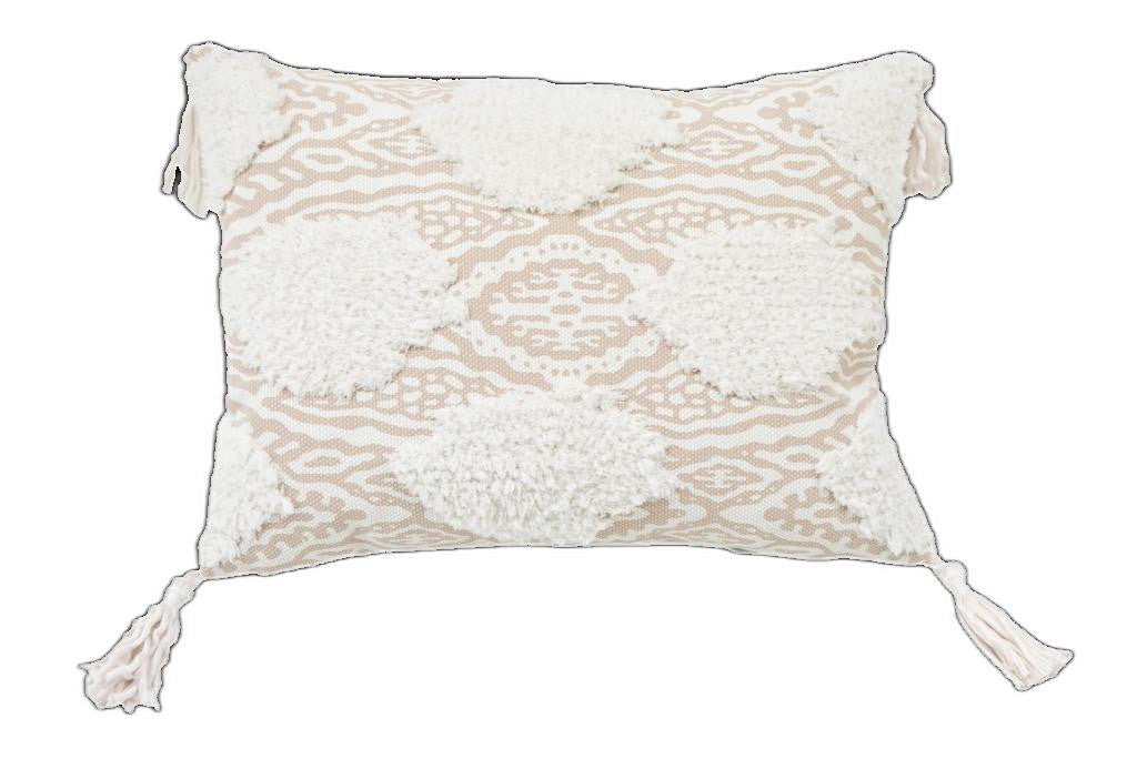 13" X 18" Beige And White Ogee Zippered Polyester And Cotton Blend Throw Pillow With Tassels - Minihomy