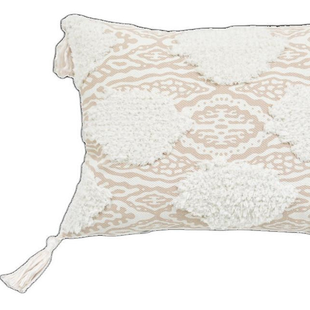 13" X 18" Beige And White Ogee Zippered Polyester And Cotton Blend Throw Pillow With Tassels - Minihomy