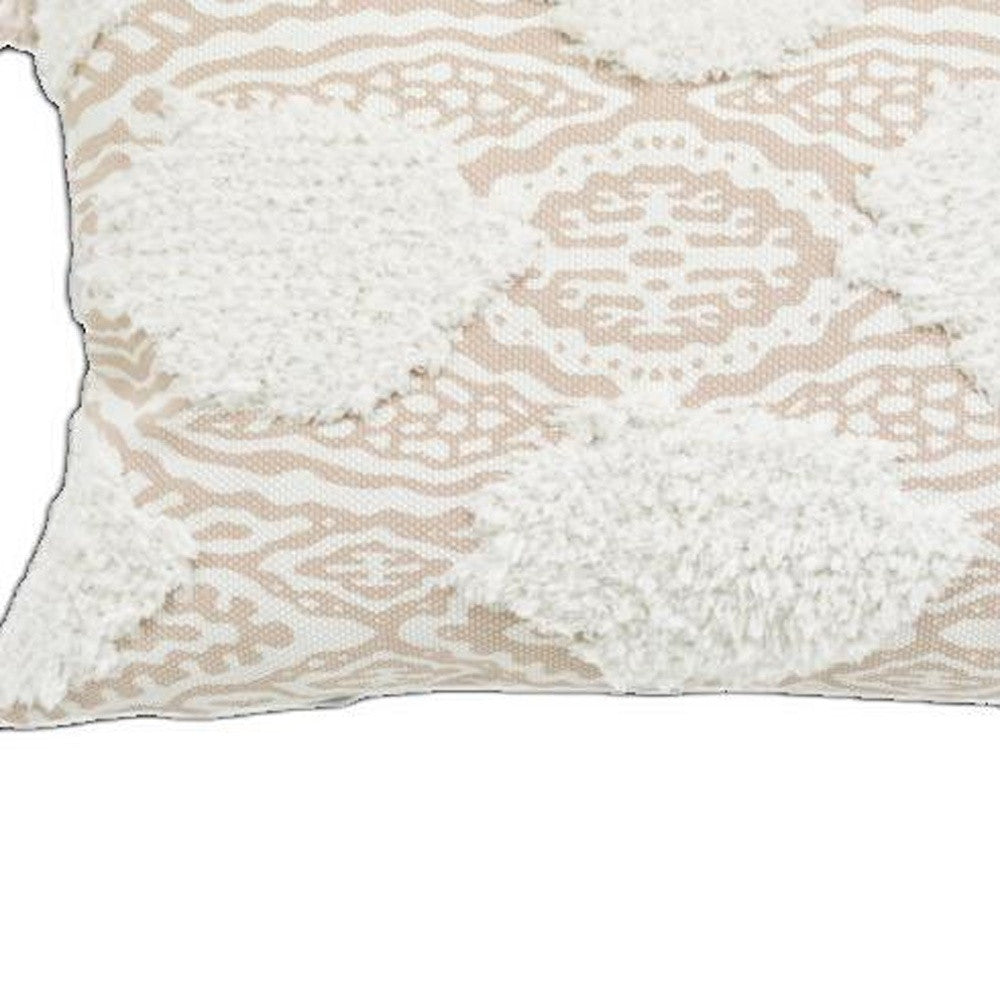 13" X 18" Beige And White Ogee Zippered Polyester And Cotton Blend Throw Pillow With Tassels - Minihomy