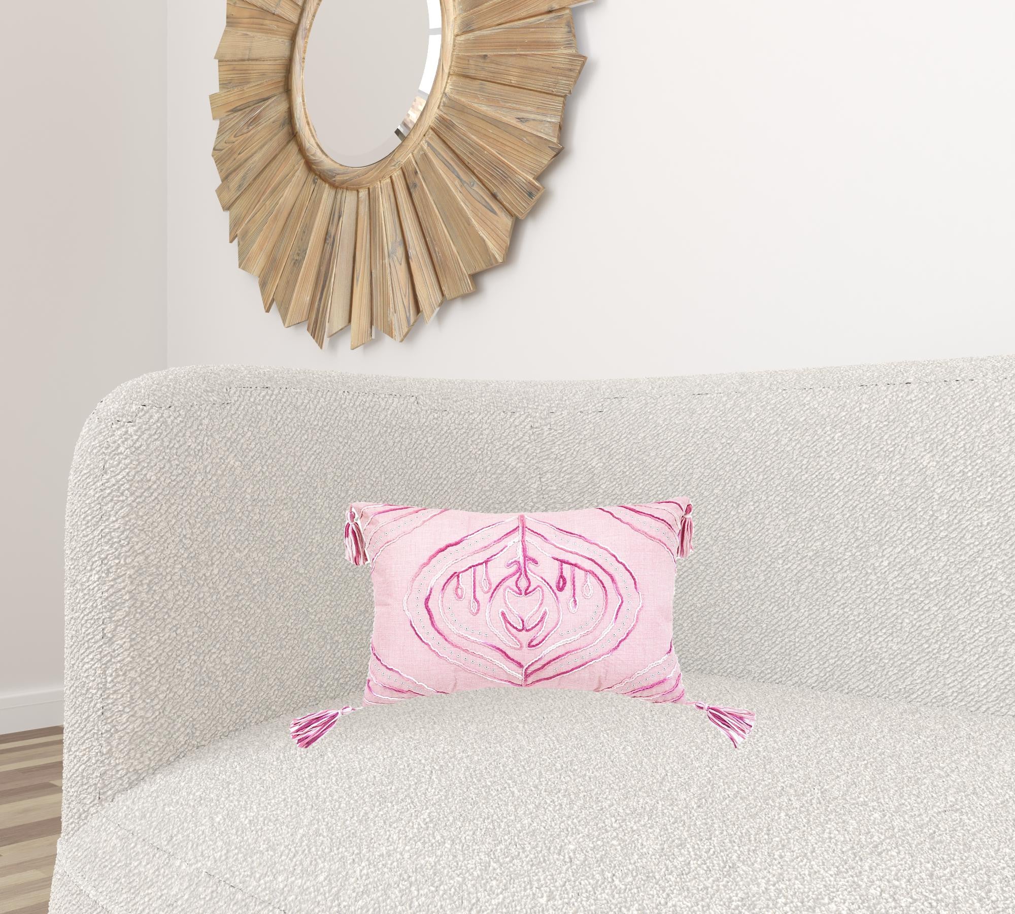 13" X 20" Pink White And Silver Abstract Zippered Polyester Throw Pillow With Tassels - Minihomy