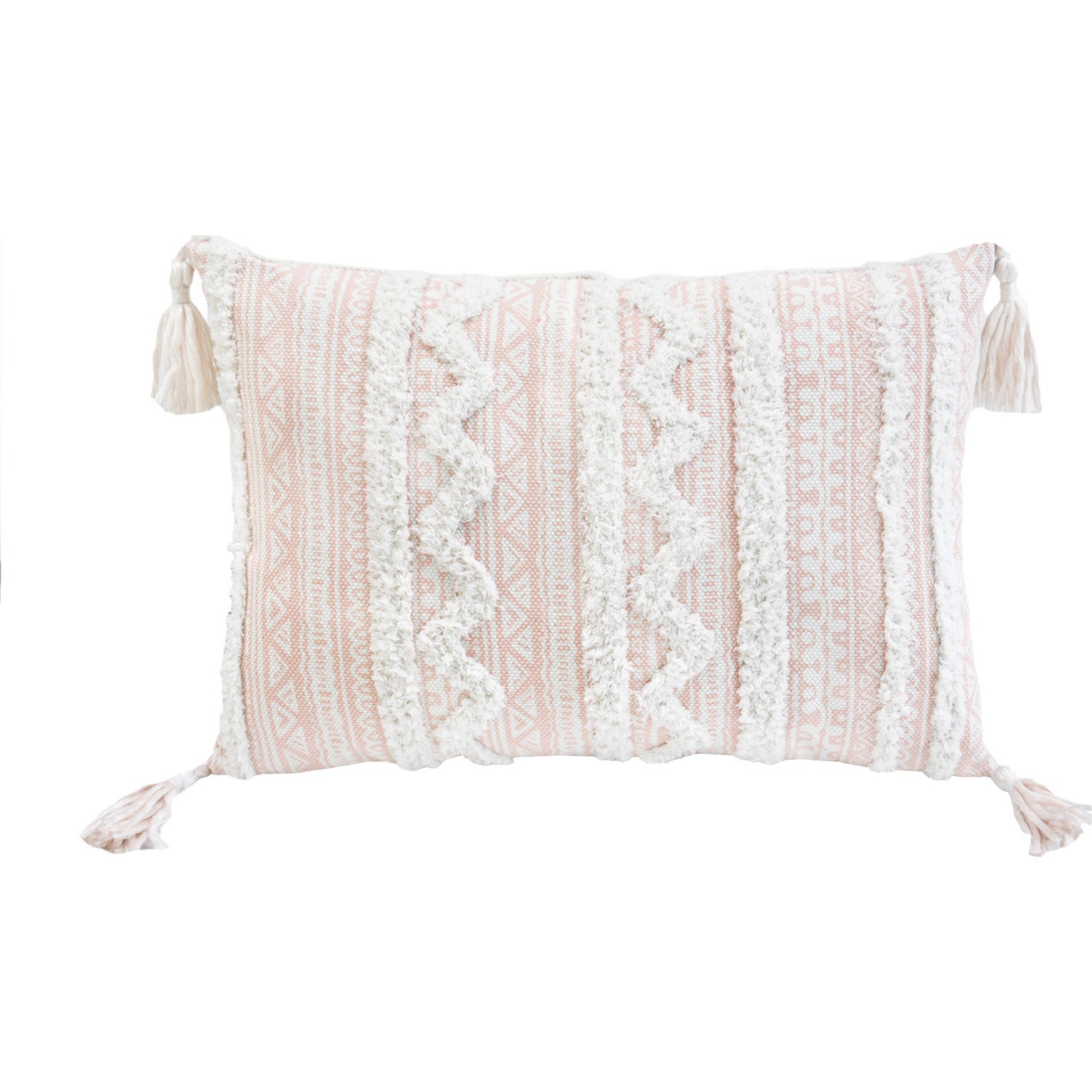 13" X 18" Beige And White Damask Zippered Polyester And Burlap Blend Throw Pillow With Tassels - Minihomy