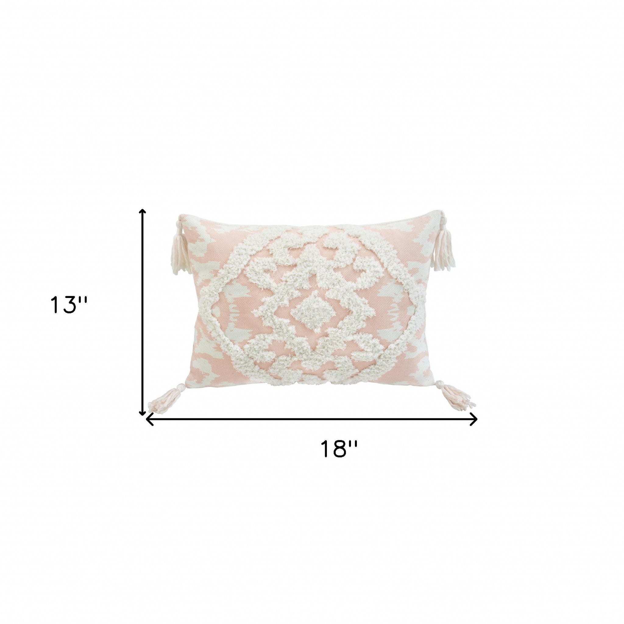 13" X 18" Peach And White Damask Zippered Polyester And Cotton Blend Throw Pillow With Tassels - Minihomy