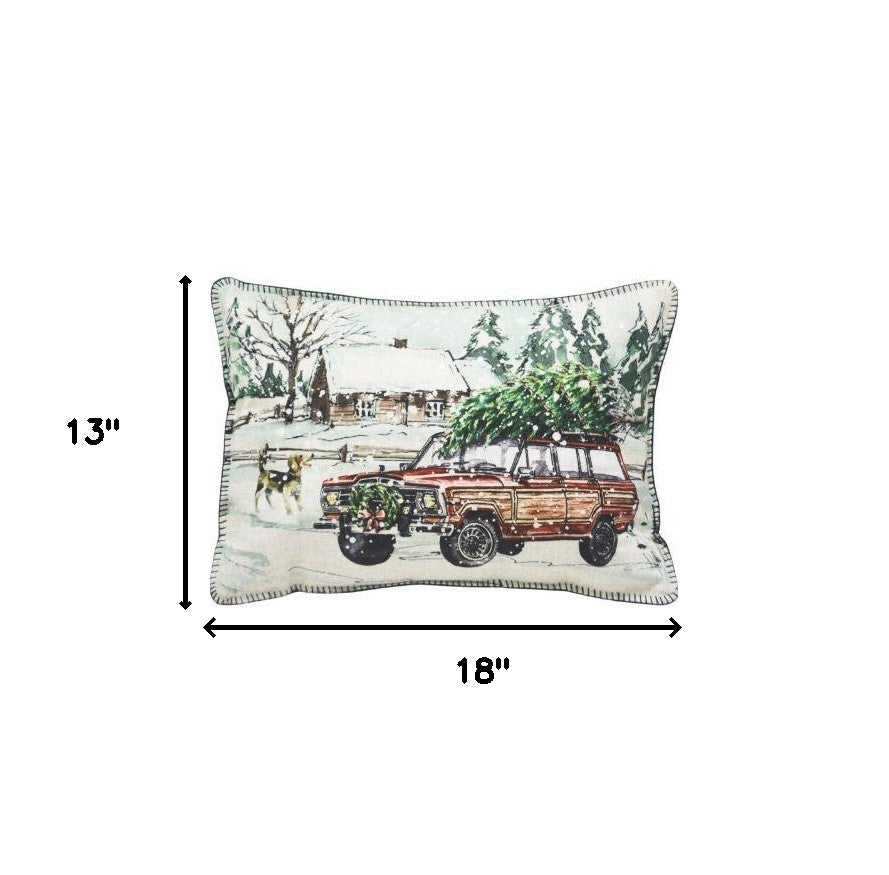 13" X 18" White Green Black And Red Zippered Polyester Christmas Holiday Van Throw Pillow - Minihomy