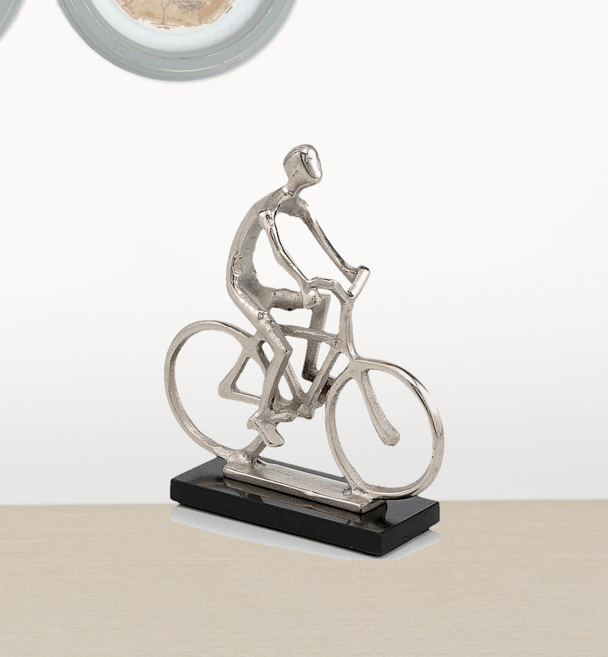 10" Silver and Black Marble Aluminum Man on Bike Sculpture - Minihomy