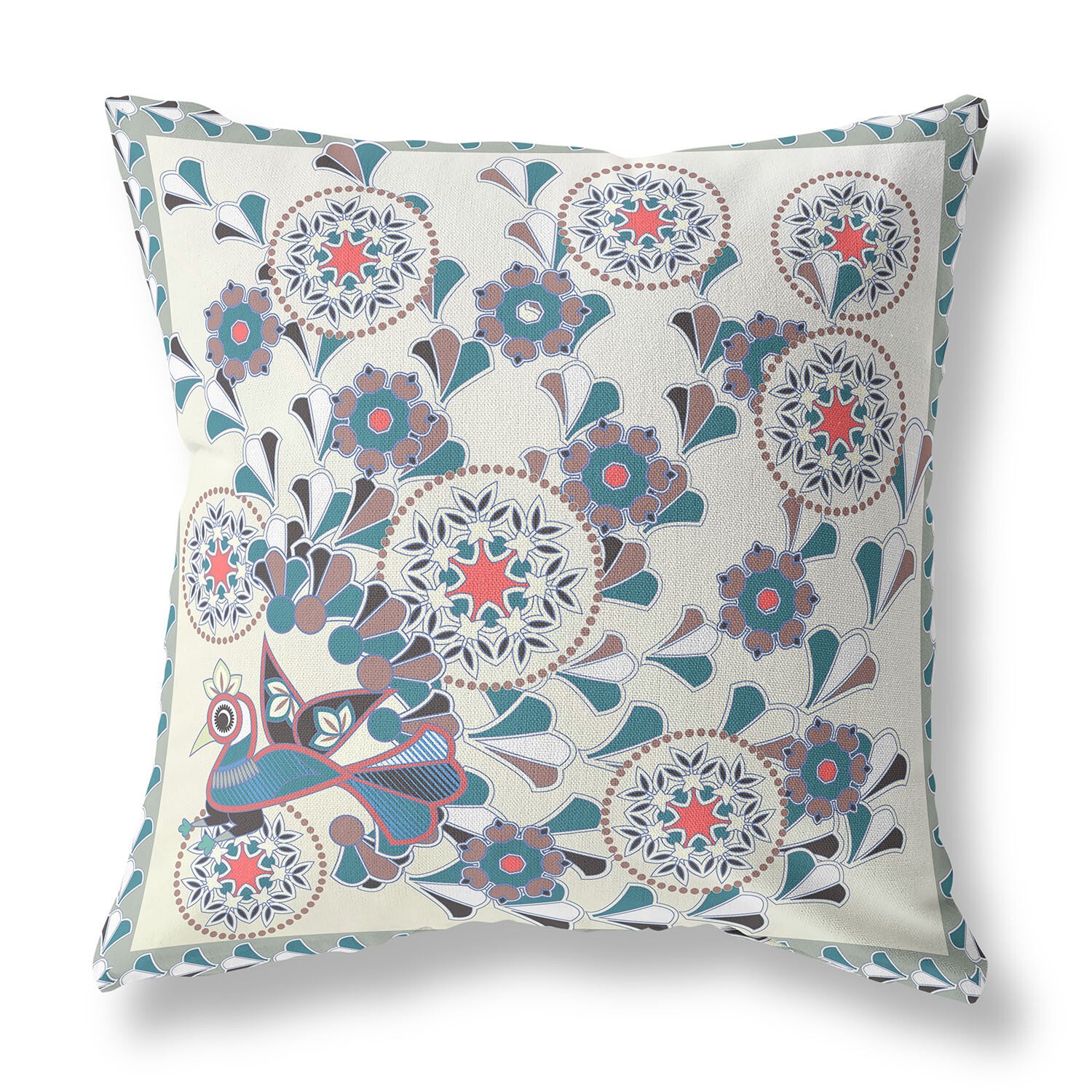 28" x 28" Off White Peacock Blown Seam Floral Indoor Outdoor Throw Pillow - Minihomy