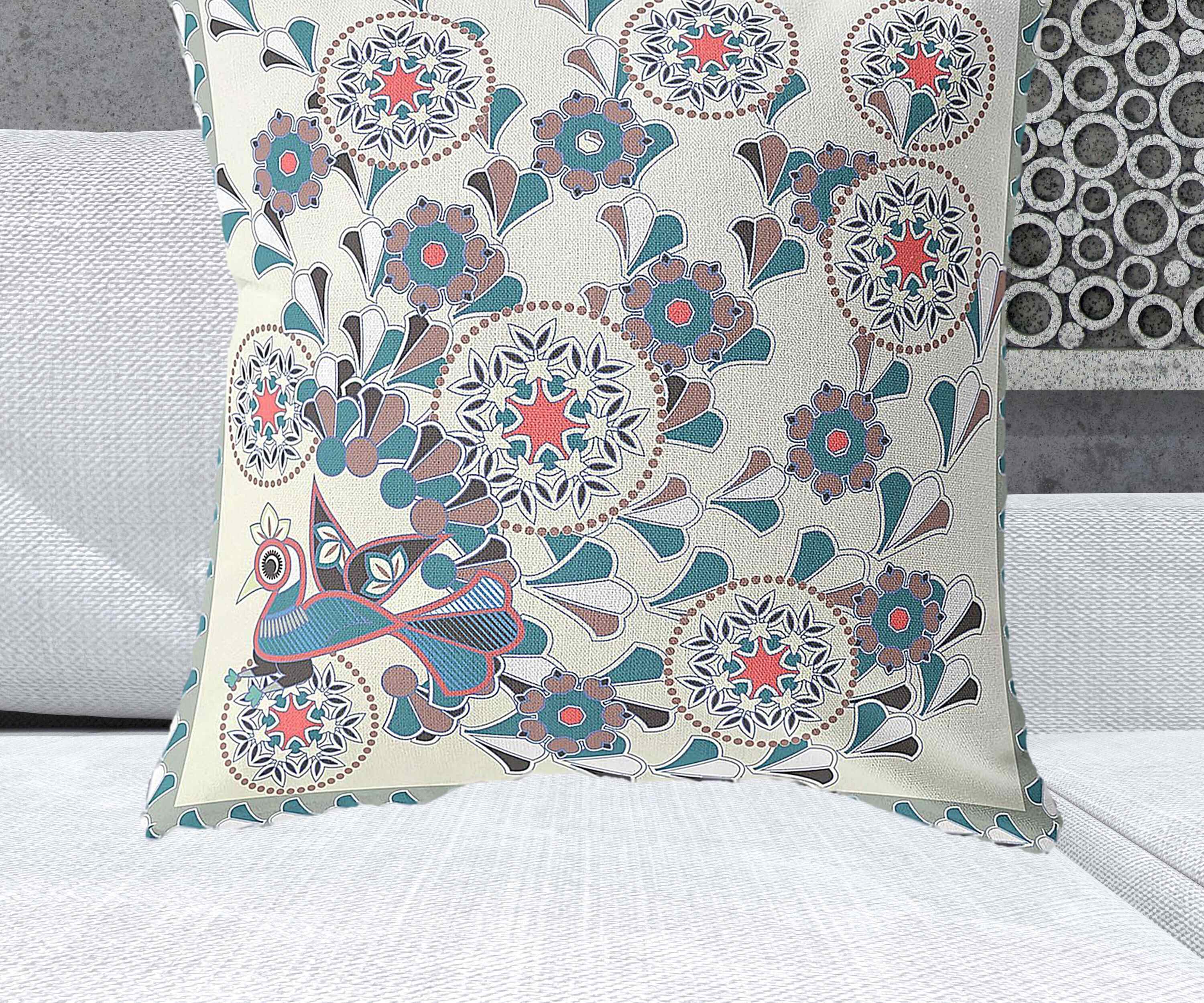 28" x 28" Off White Peacock Blown Seam Floral Indoor Outdoor Throw Pillow - Minihomy