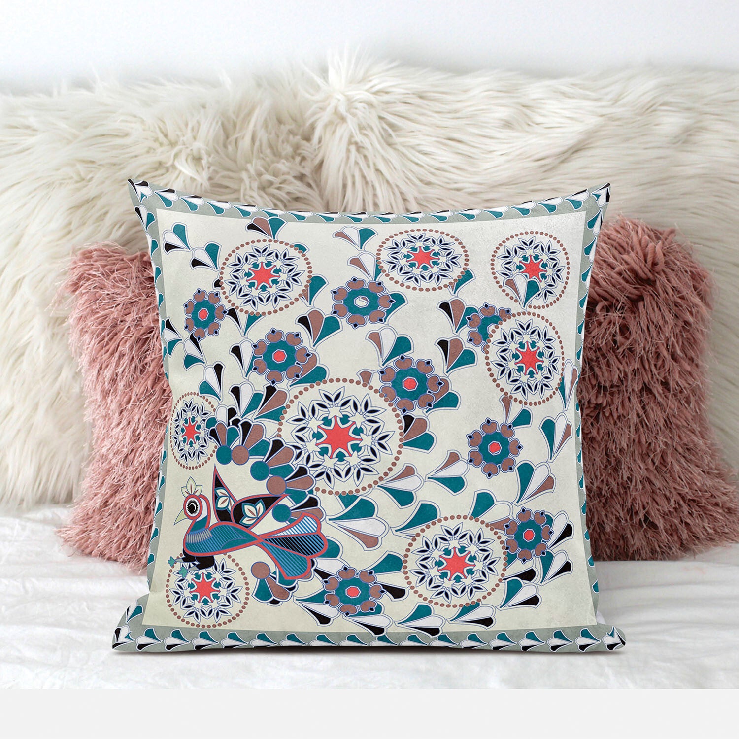 28" x 28" Off White Peacock Blown Seam Floral Indoor Outdoor Throw Pillow - Minihomy