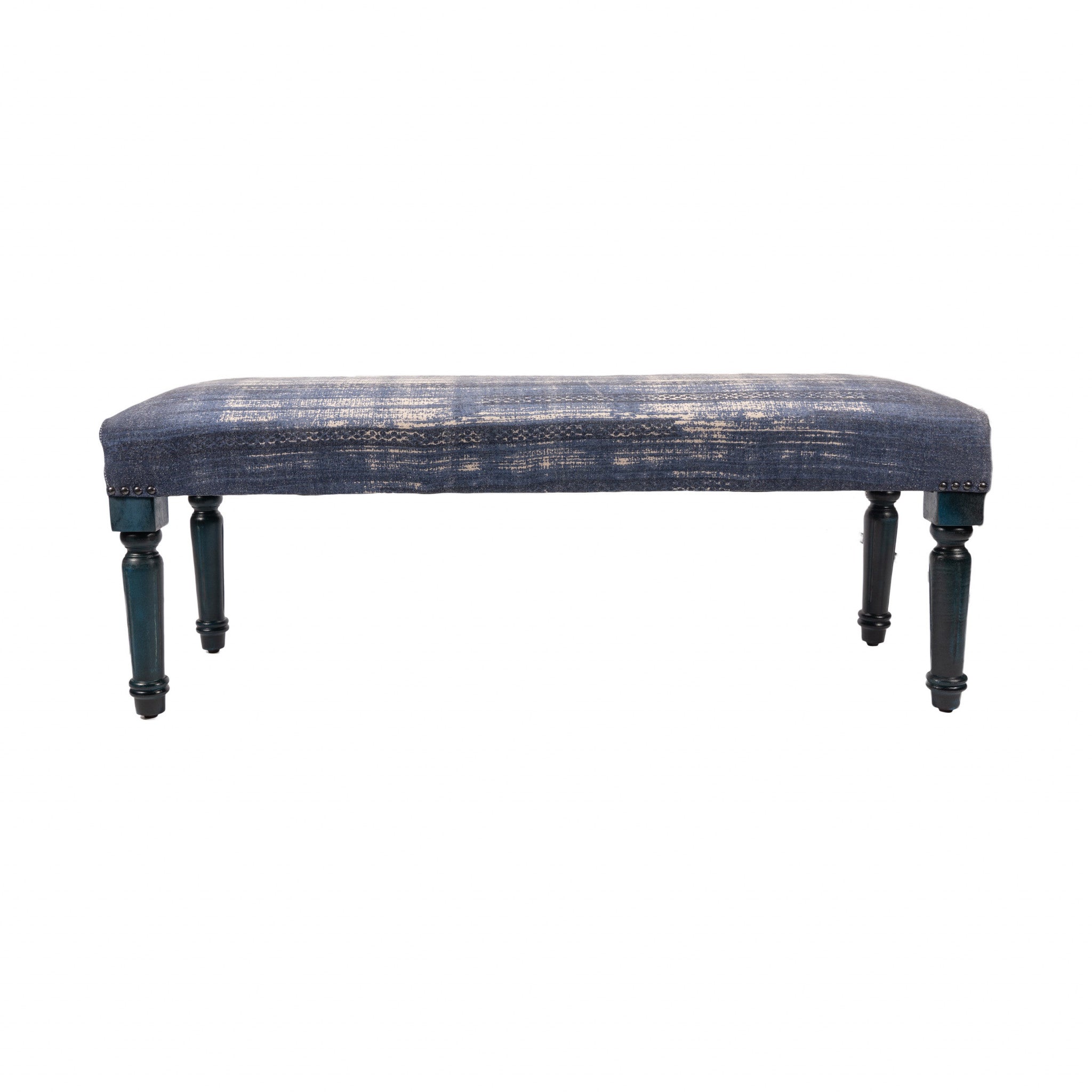 47" Blue And Cream Abstract Design Blue Leg Upholstered Bench - Minihomy