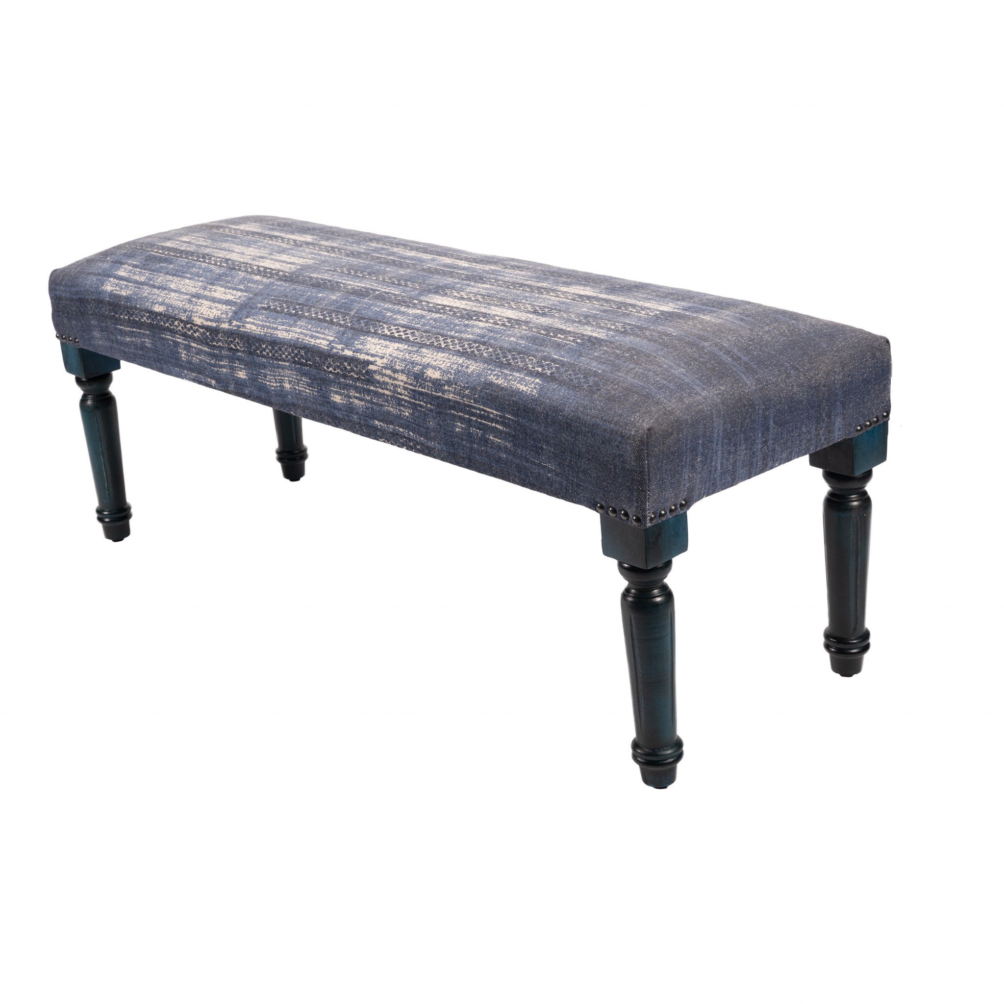 47" Blue And Cream Abstract Design Blue Leg Upholstered Bench - Minihomy