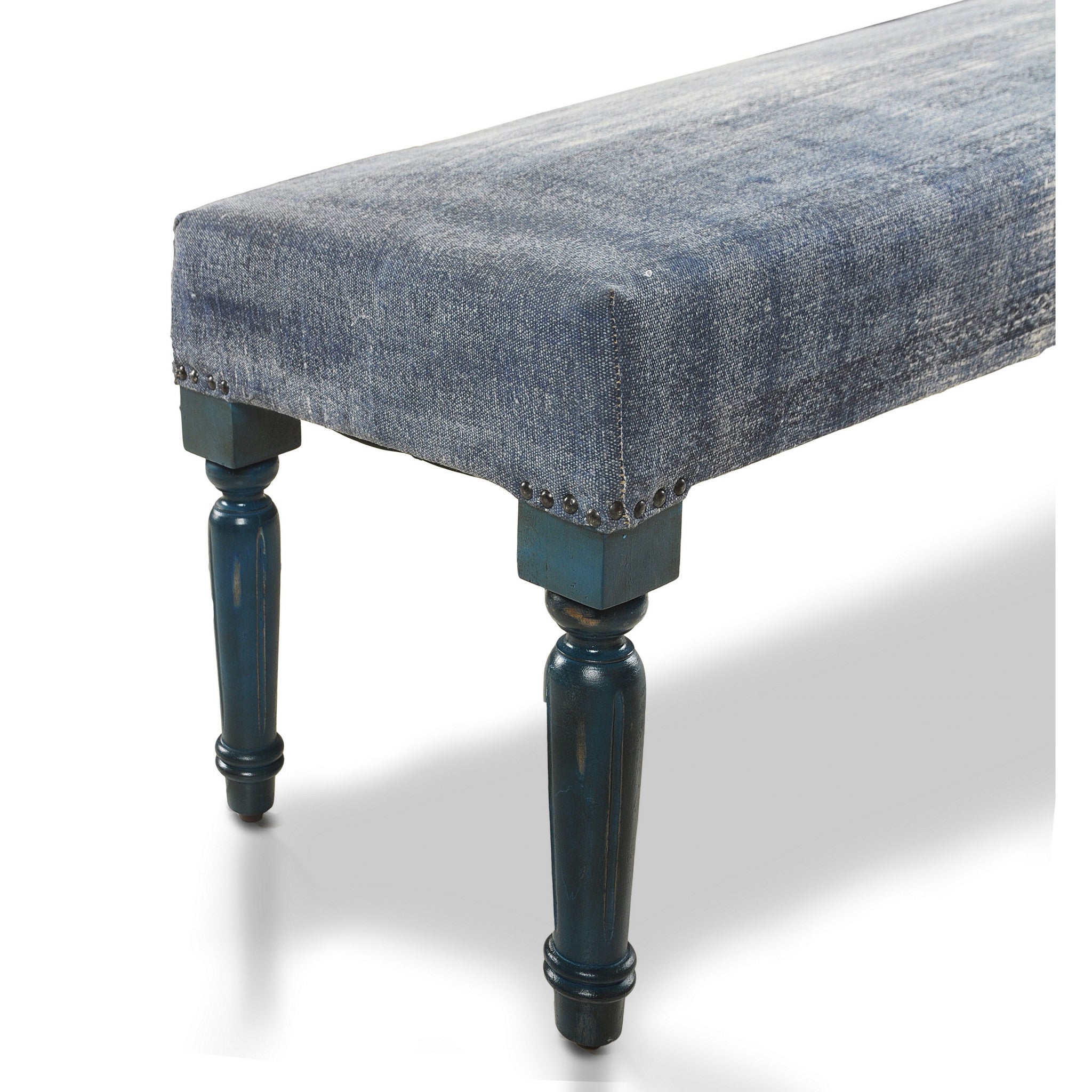 47" Blue And Cream Abstract Design Blue Leg Upholstered Bench - Minihomy