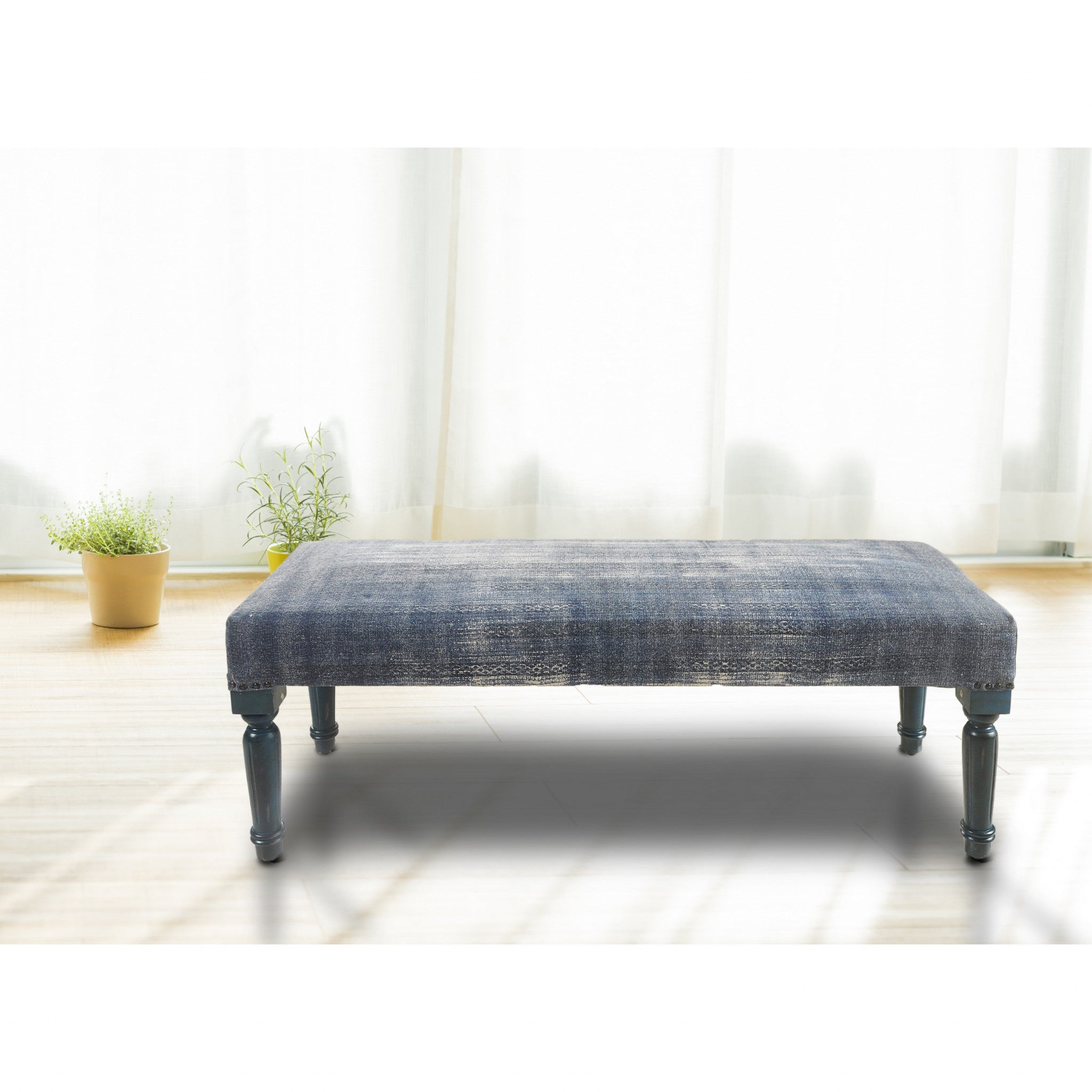 47" Blue And Cream Abstract Design Blue Leg Upholstered Bench - Minihomy