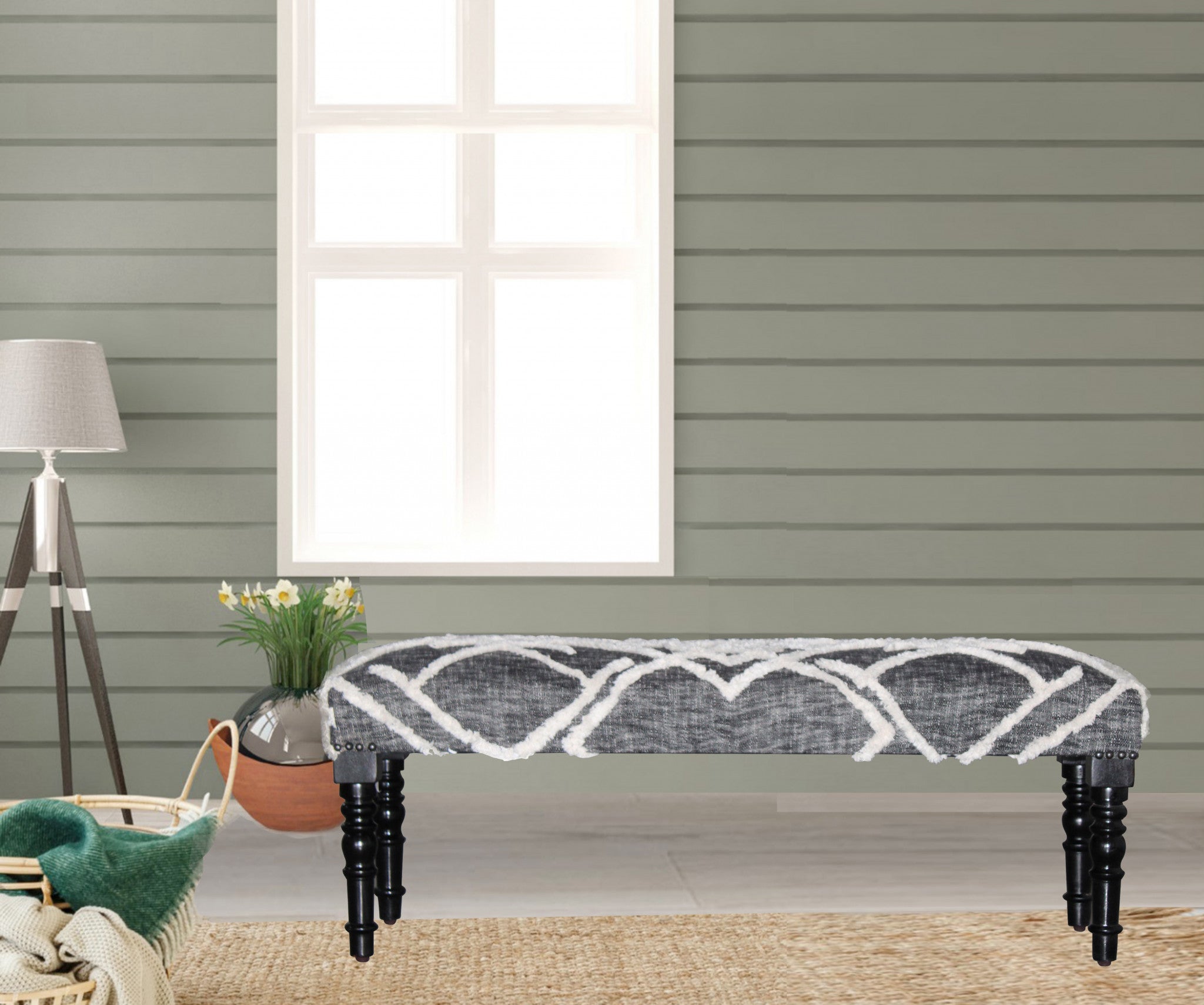 47" Gray And White Geometric Cotton Upholstered Distressed Bench - Minihomy