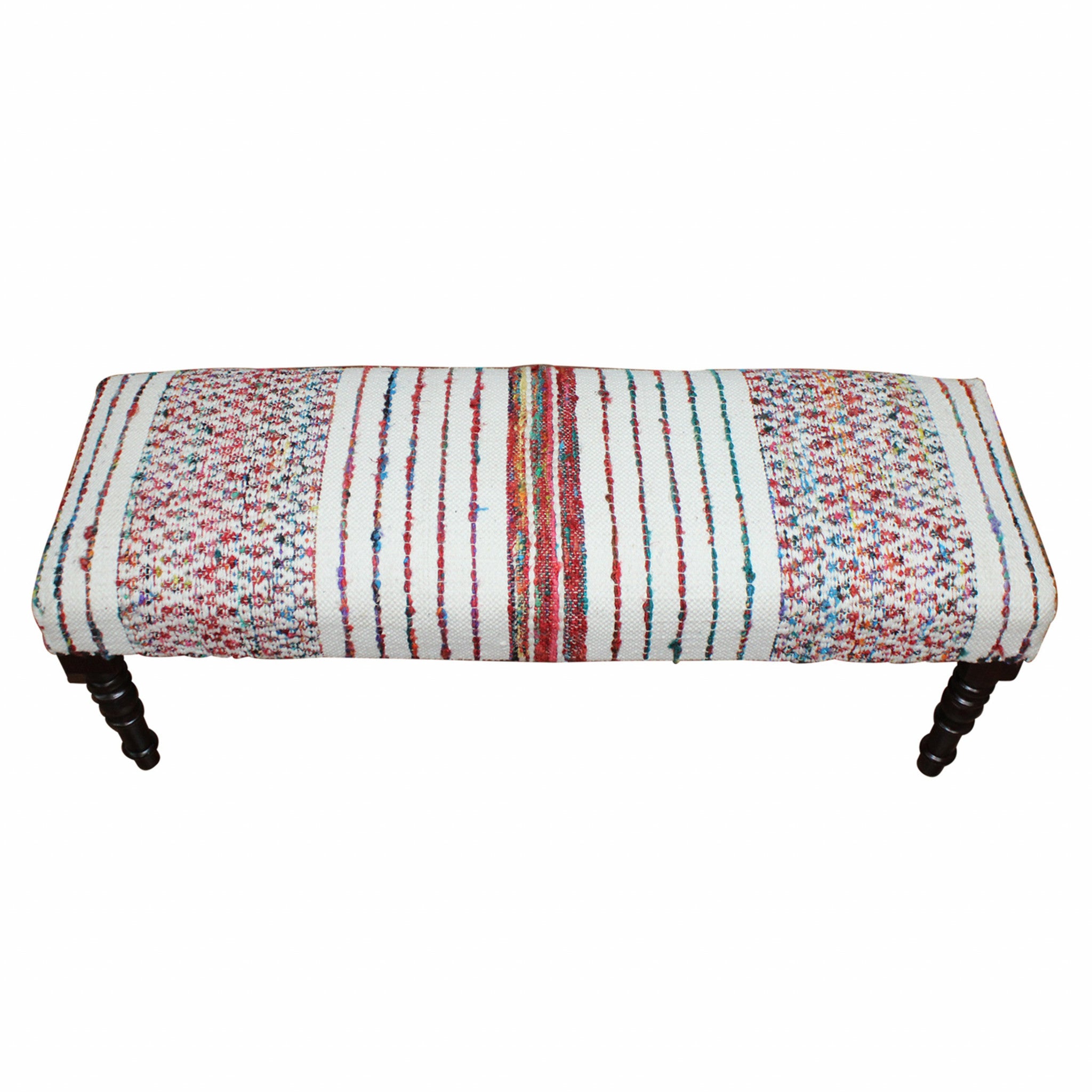 47" Ivory Red and Pink Black Leg Chevron Stripe Upholstered Bench - Minihomy