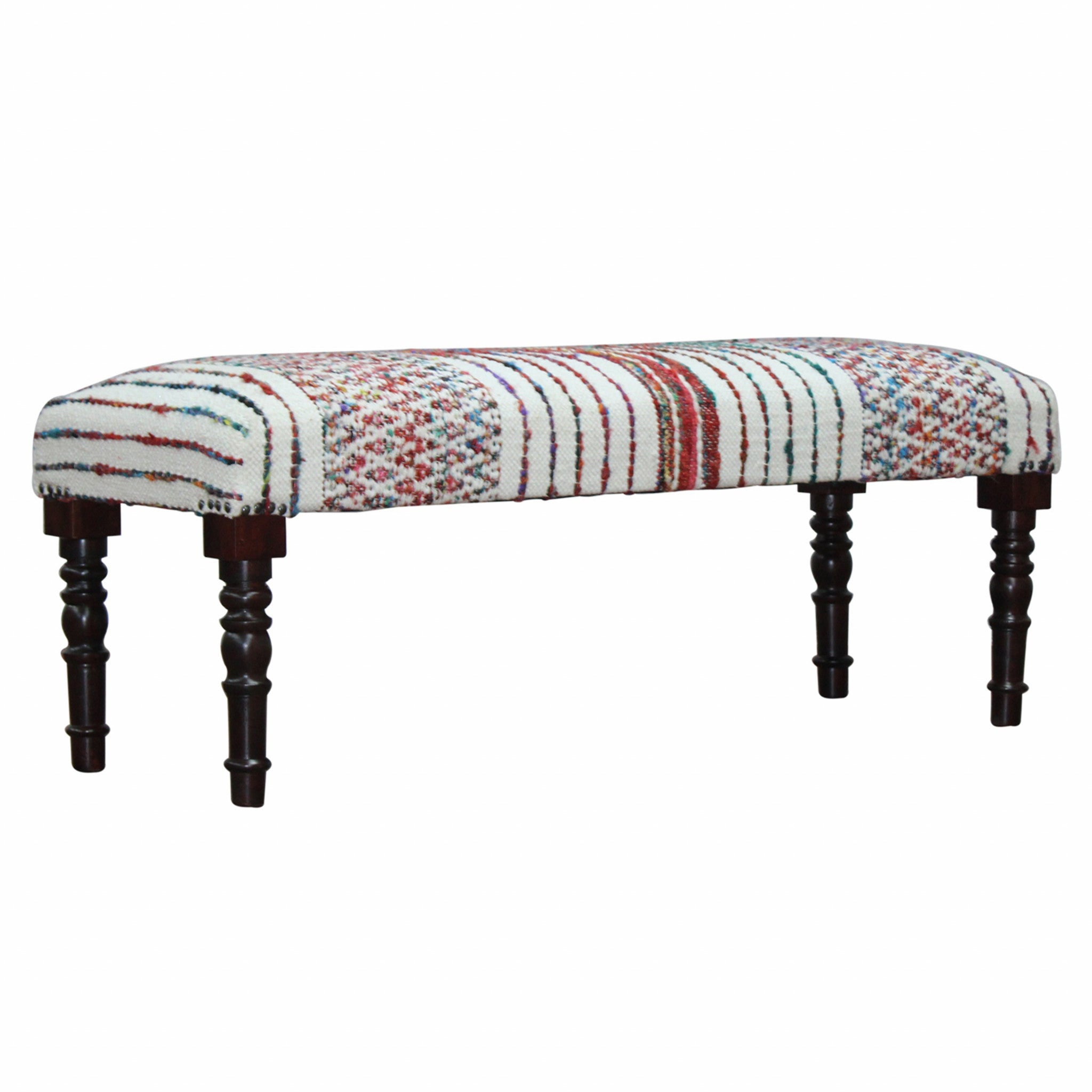 47" Ivory Red and Pink Black Leg Chevron Stripe Upholstered Bench - Minihomy