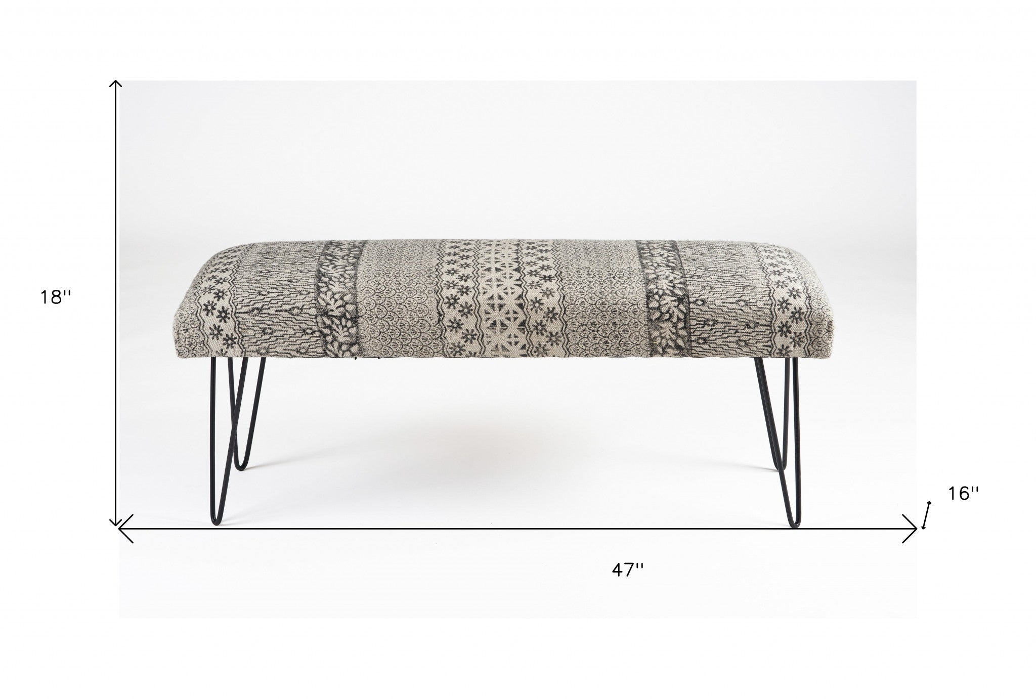 47" Charcoal Gray and White Black Leg Abstract Floral Upholstered Bench - Minihomy