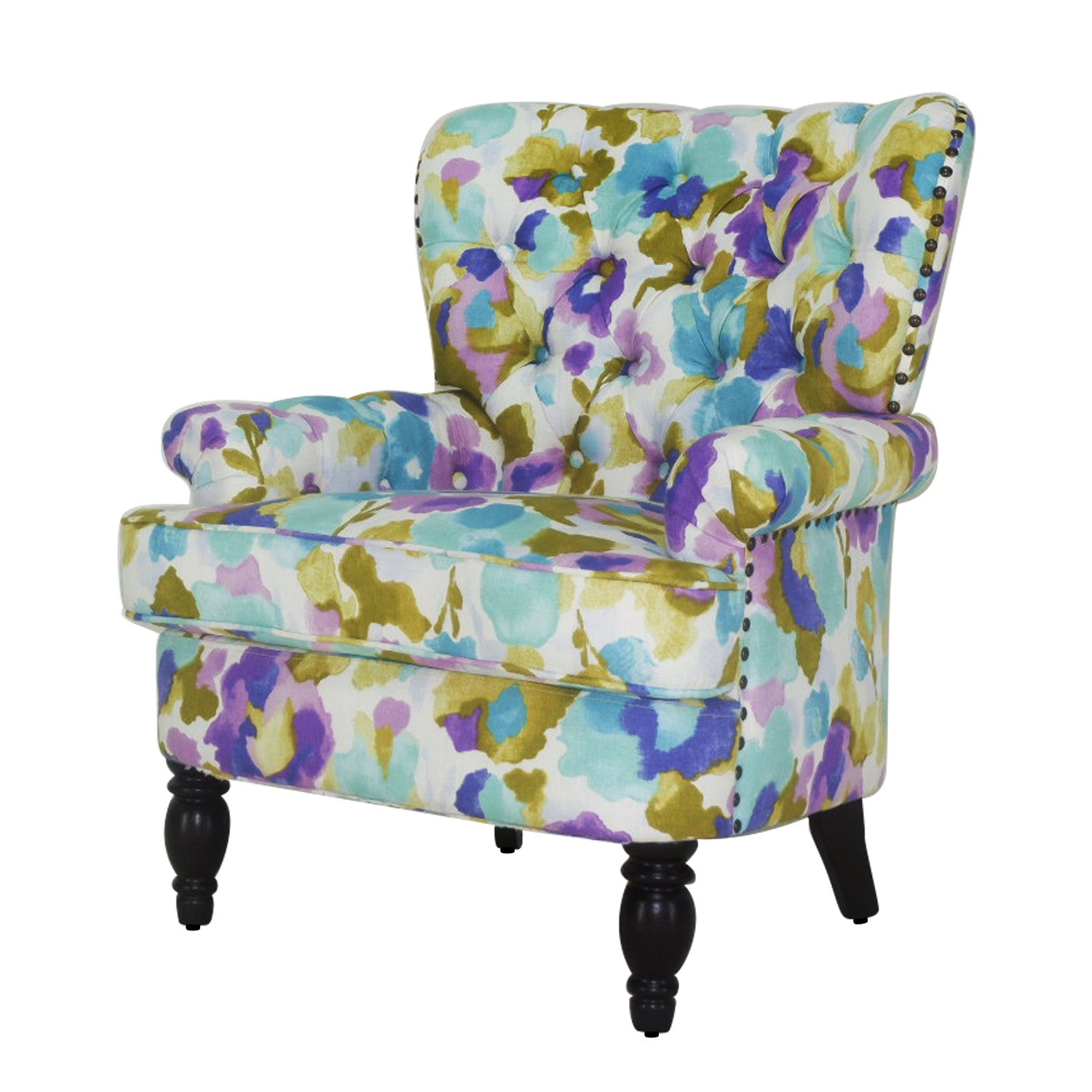 33" Aqua Green Purple And Brown Polyester Blend Floral Wingback Chair - Minihomy