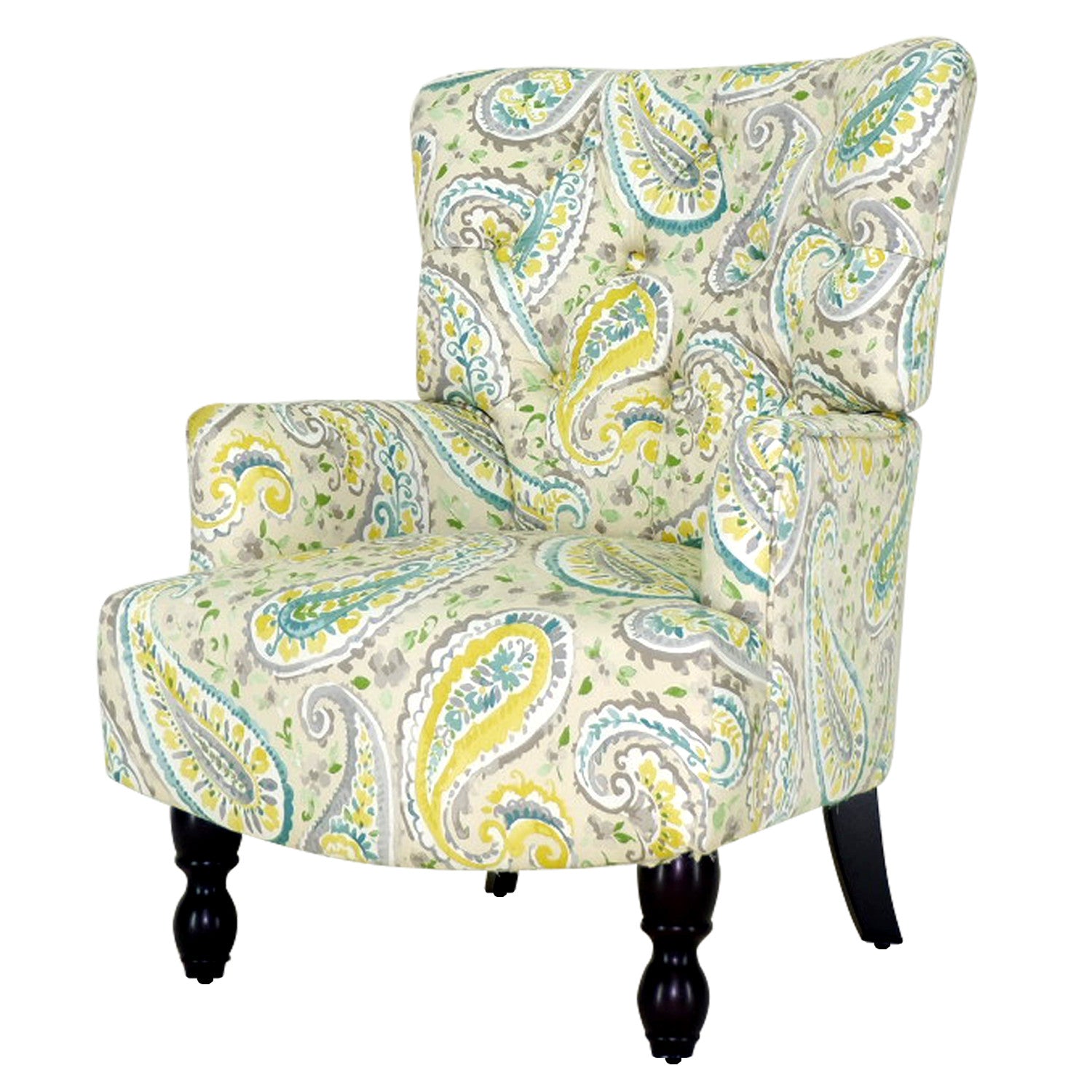 28" Aqua Lemongrass And Brown Polyester Blend Paisley Arm Chair - Minihomy