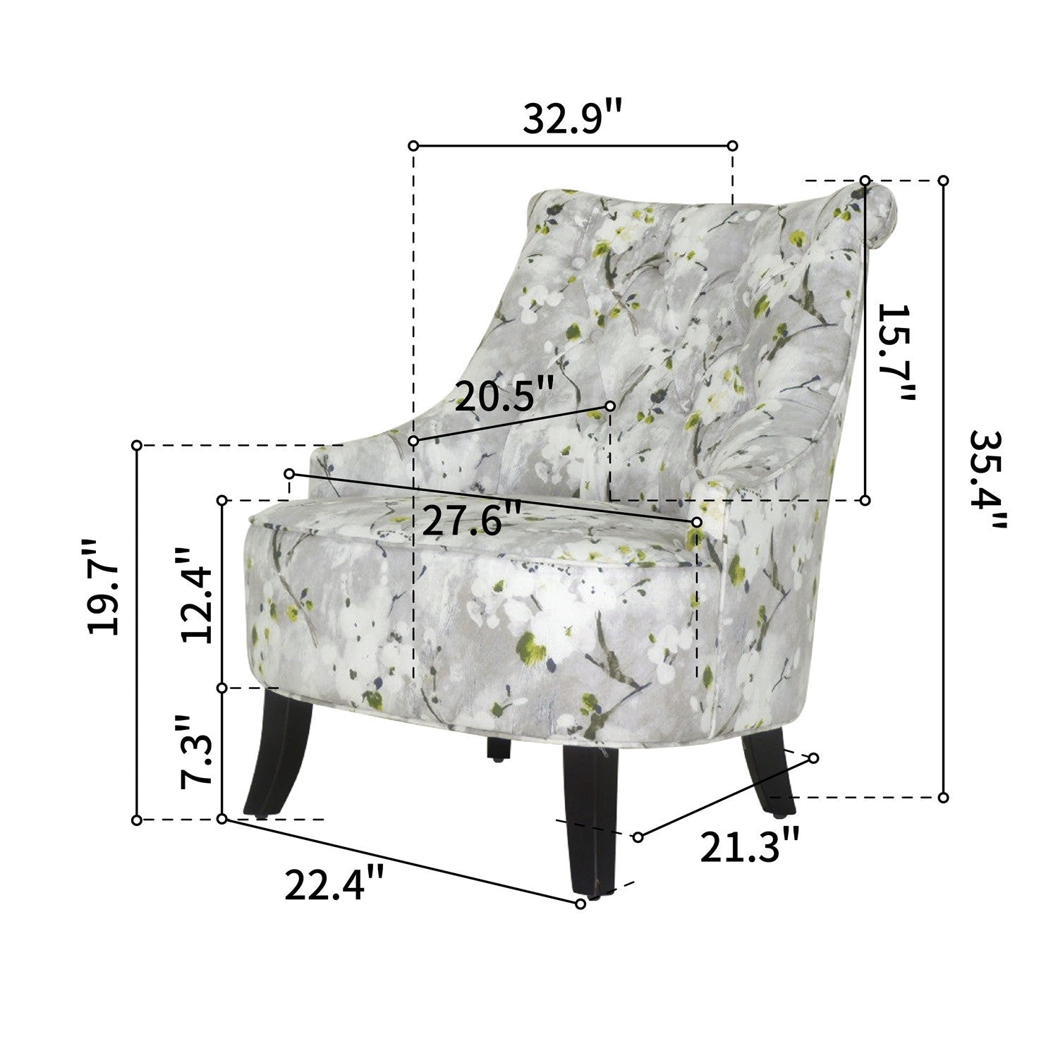 28" Grey Green White And Brown Polyester Blend Floral Wingback Chair - Minihomy