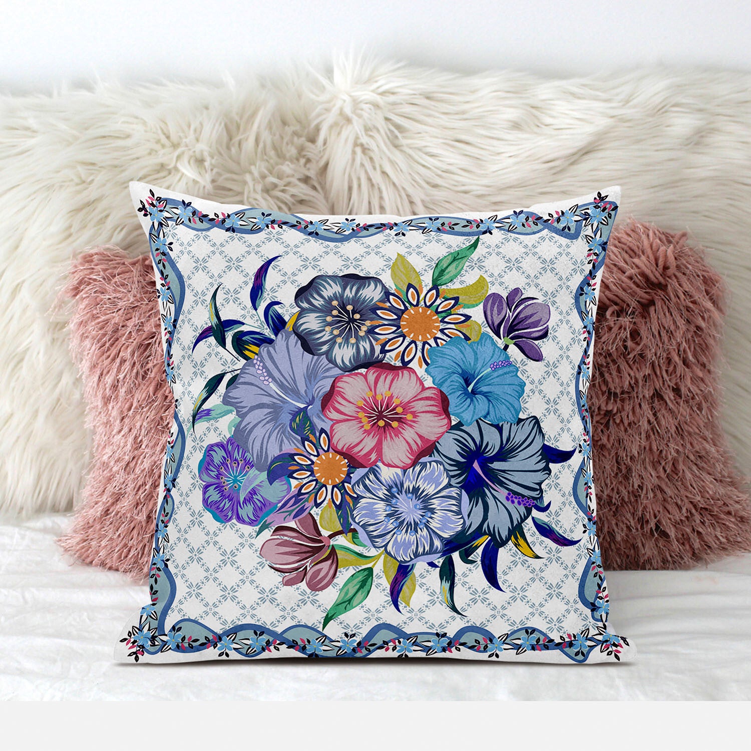 18x18 White Blue Blown Seam Broadcloth Floral Throw Pillow - Minihomy