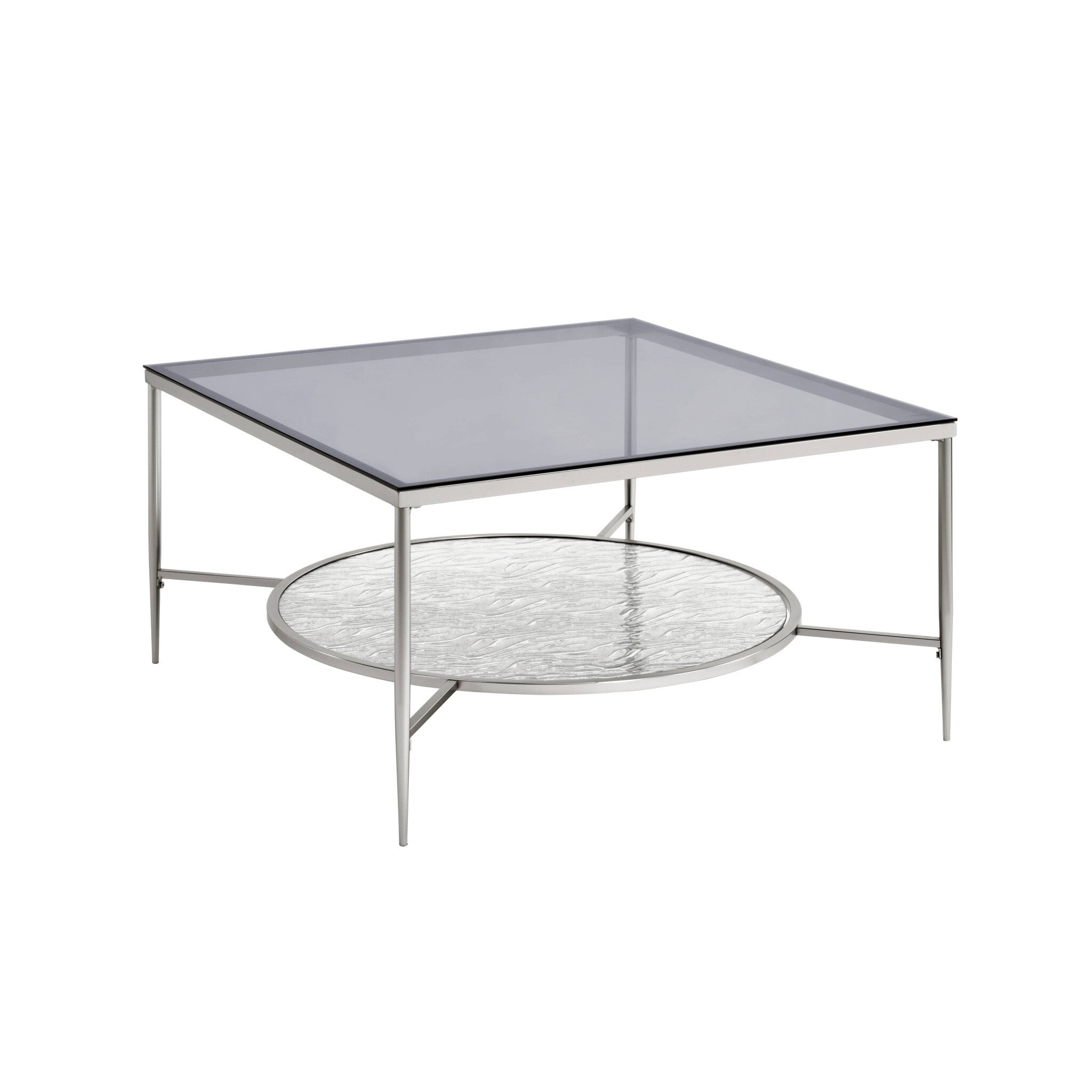 32" Chrome And Clear Glass Square Coffee Table With Shelf - Minihomy