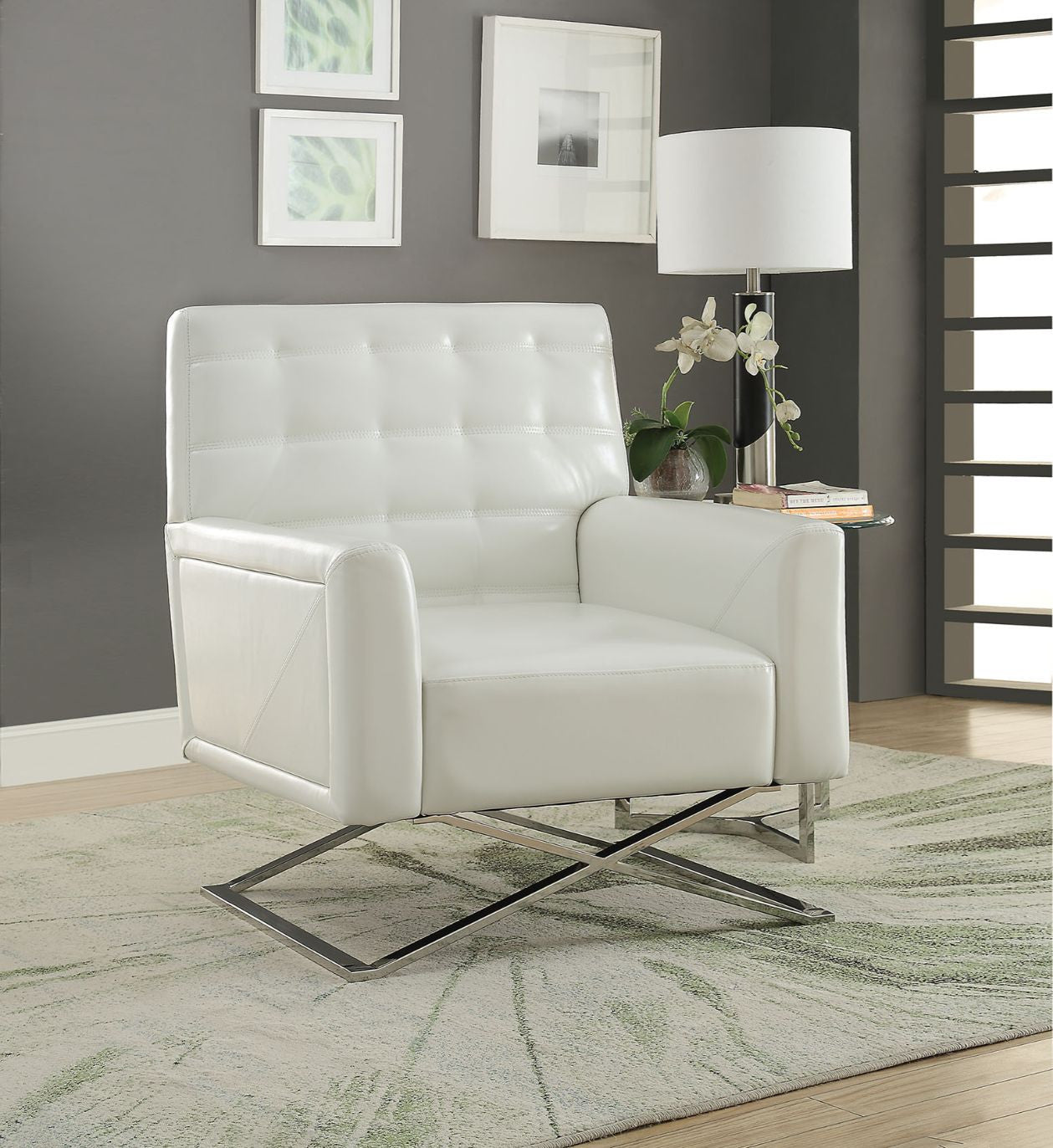 34" White Faux Leather And Steel Solid Color Club Chair - Minihomy