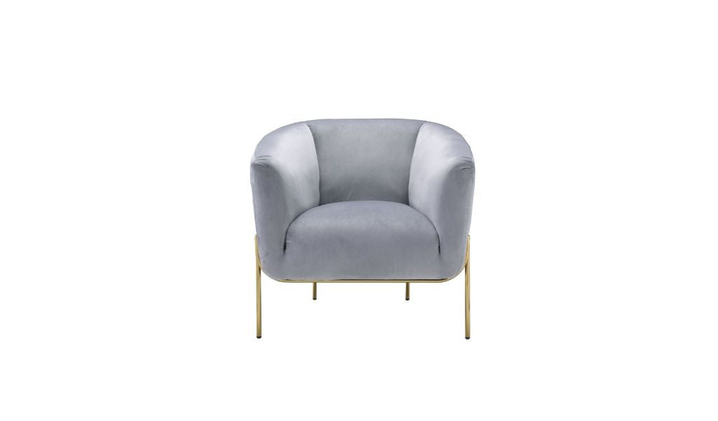 30" Gray Velvet And Gold Solid Color Barrel Chair - Minihomy