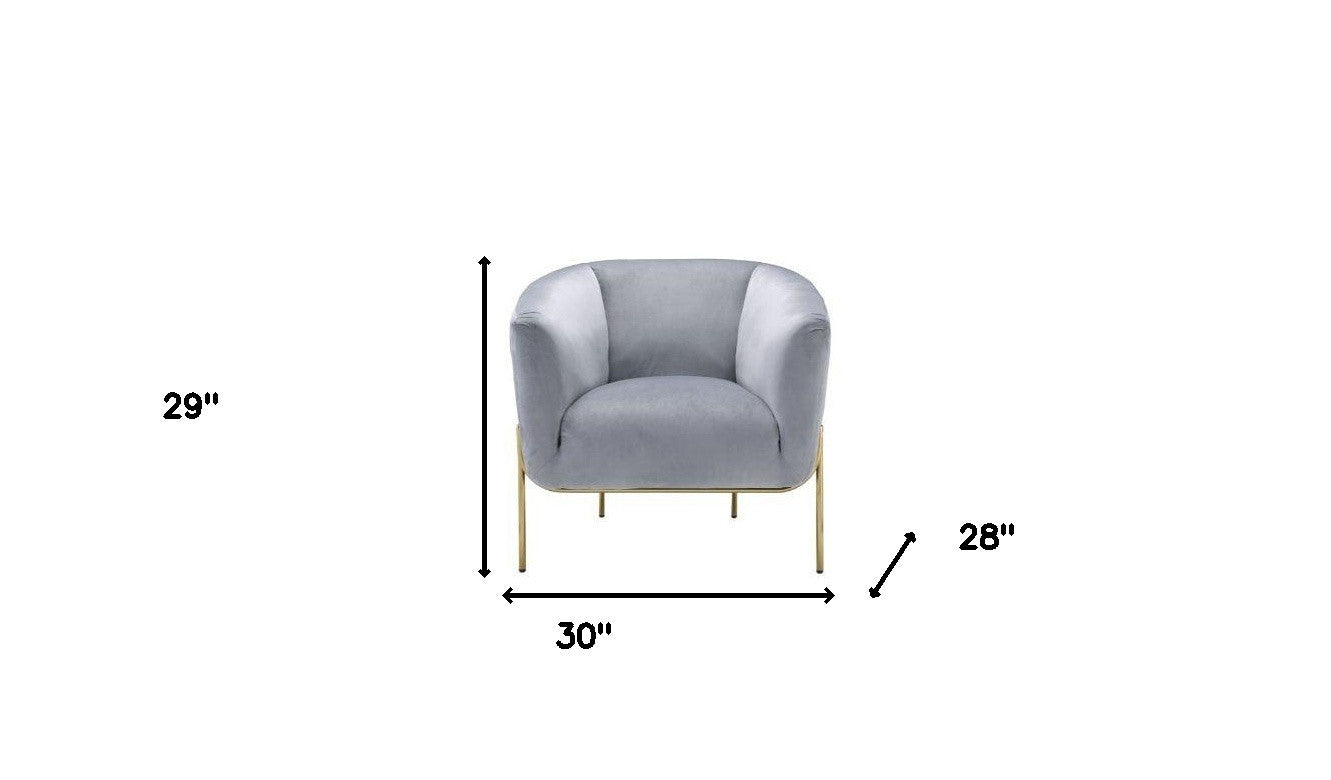 30" Gray Velvet And Gold Solid Color Barrel Chair - Minihomy