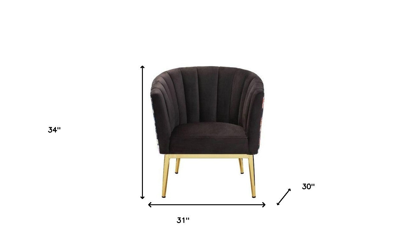 31" Black Velvet And Gold Striped Barrel Chair - Minihomy