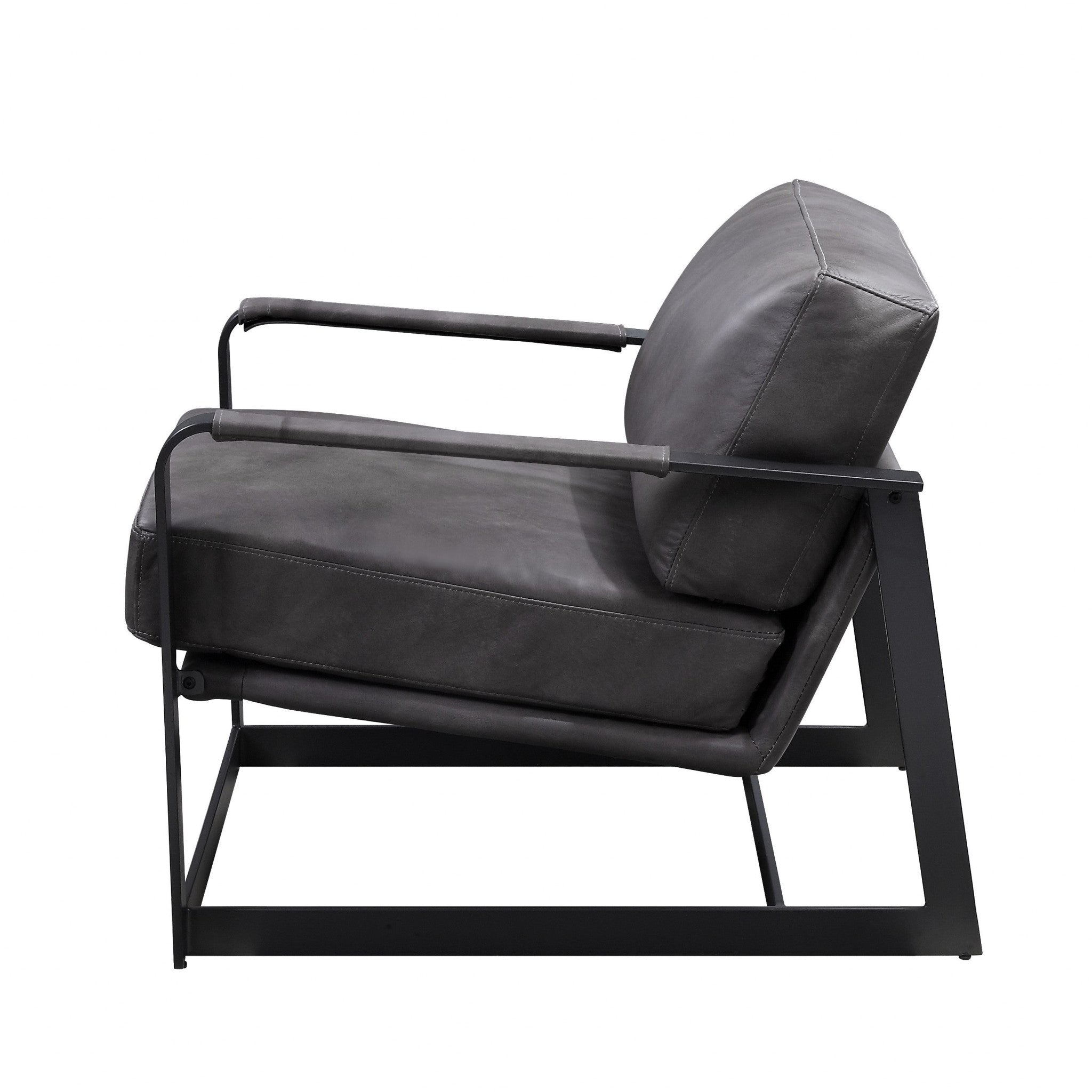 28" Gray Black Top Grain Leather And Steel Solid Color Arm Chair - Minihomy