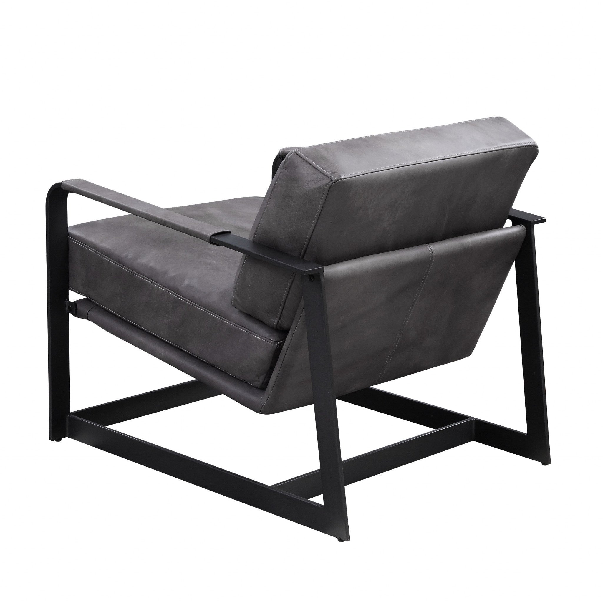 28" Gray Black Top Grain Leather And Steel Solid Color Arm Chair - Minihomy