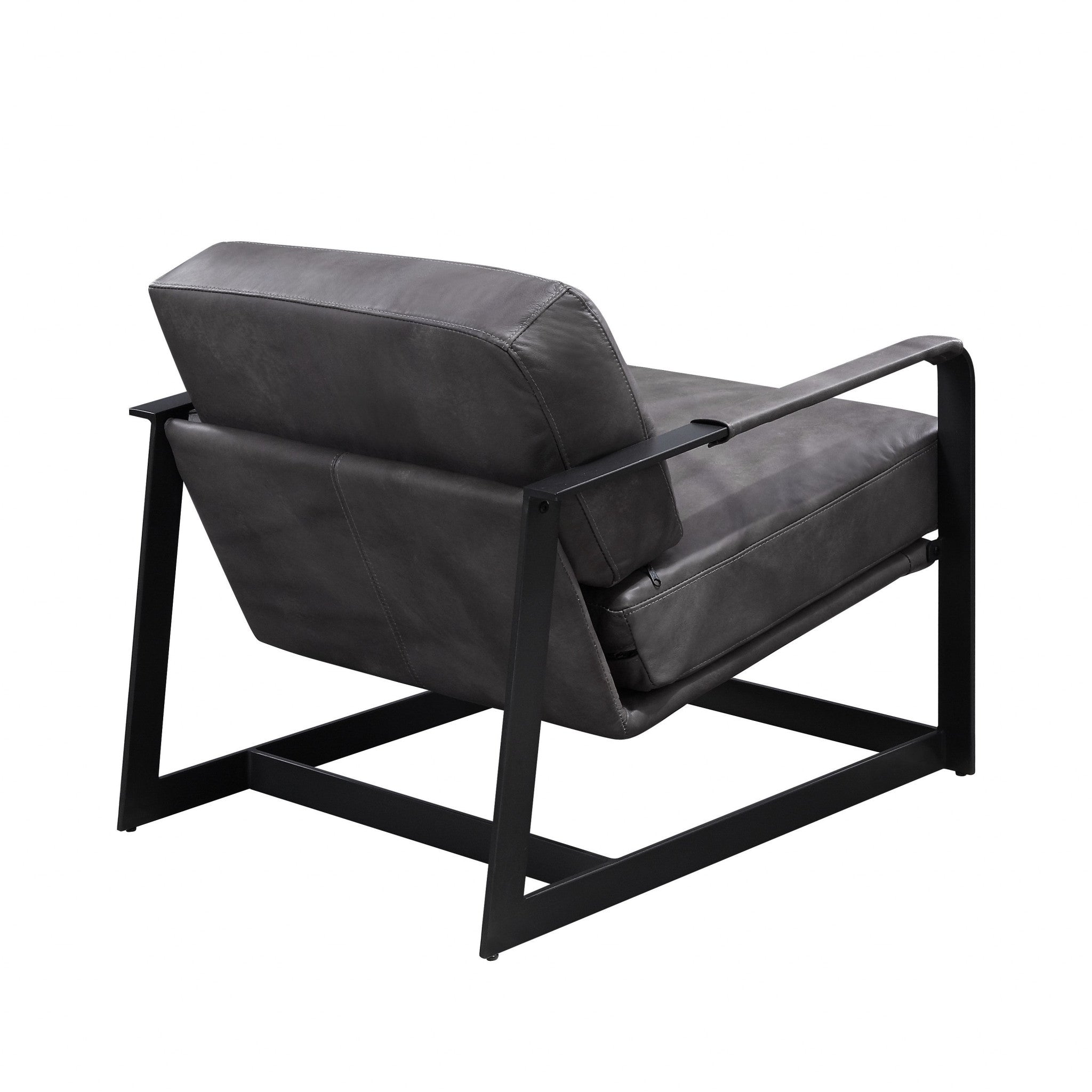 28" Gray Black Top Grain Leather And Steel Solid Color Arm Chair - Minihomy