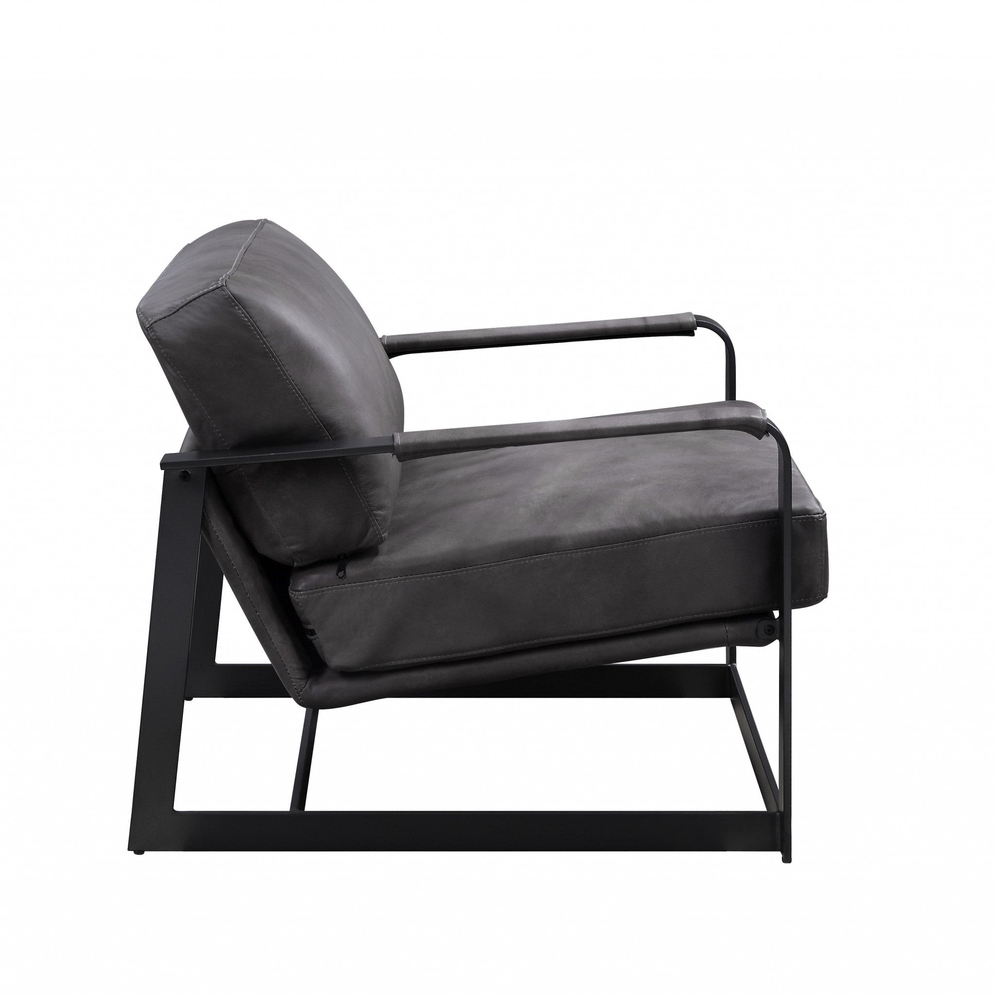 28" Gray Black Top Grain Leather And Steel Solid Color Arm Chair - Minihomy