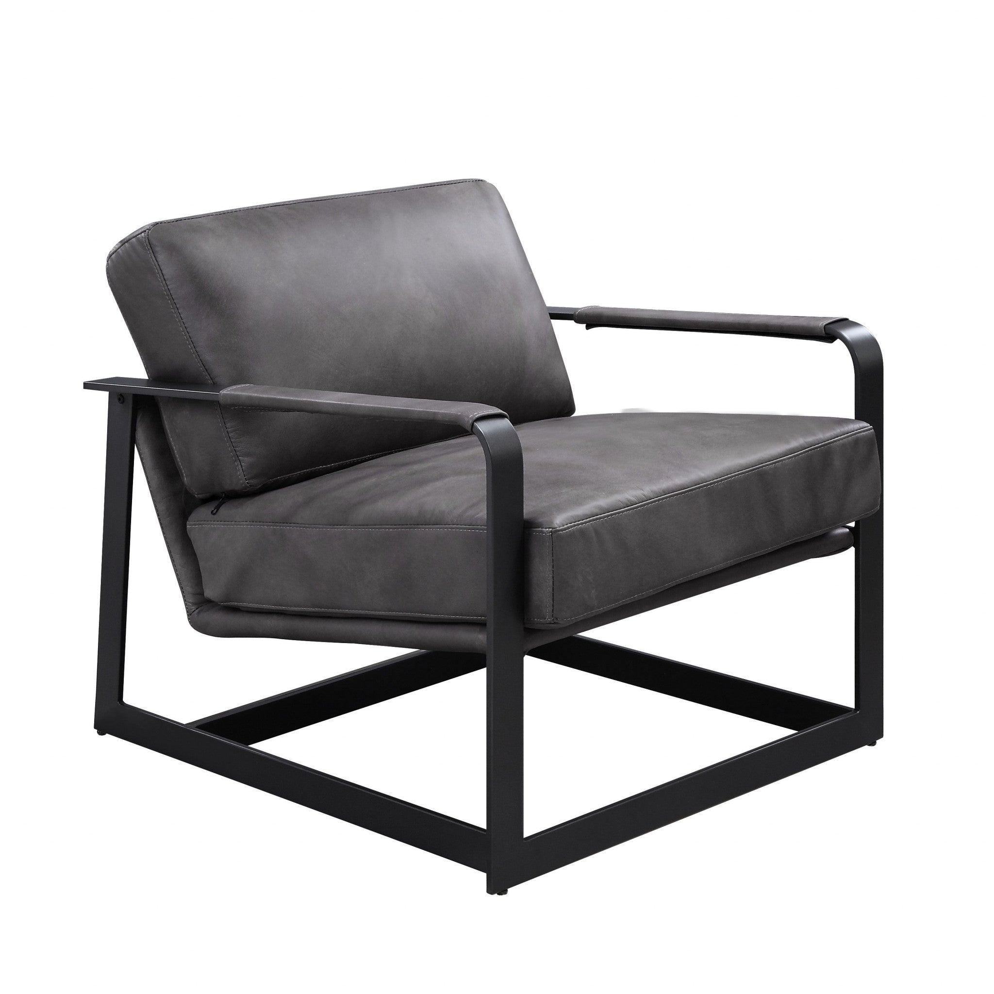 28" Gray Black Top Grain Leather And Steel Solid Color Arm Chair - Minihomy