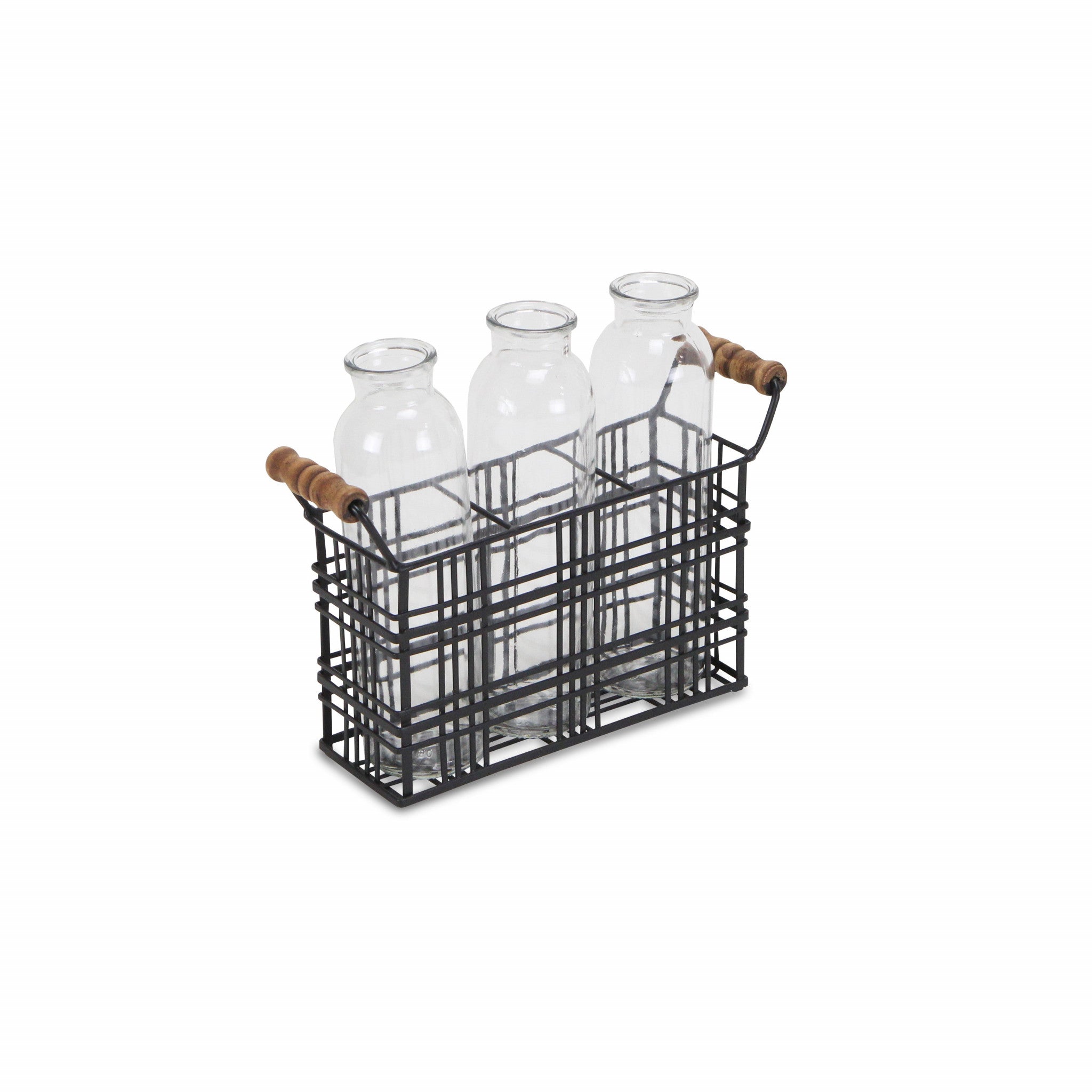 8" Set of Three Glass Bottles in Black Wire Basket - Minihomy