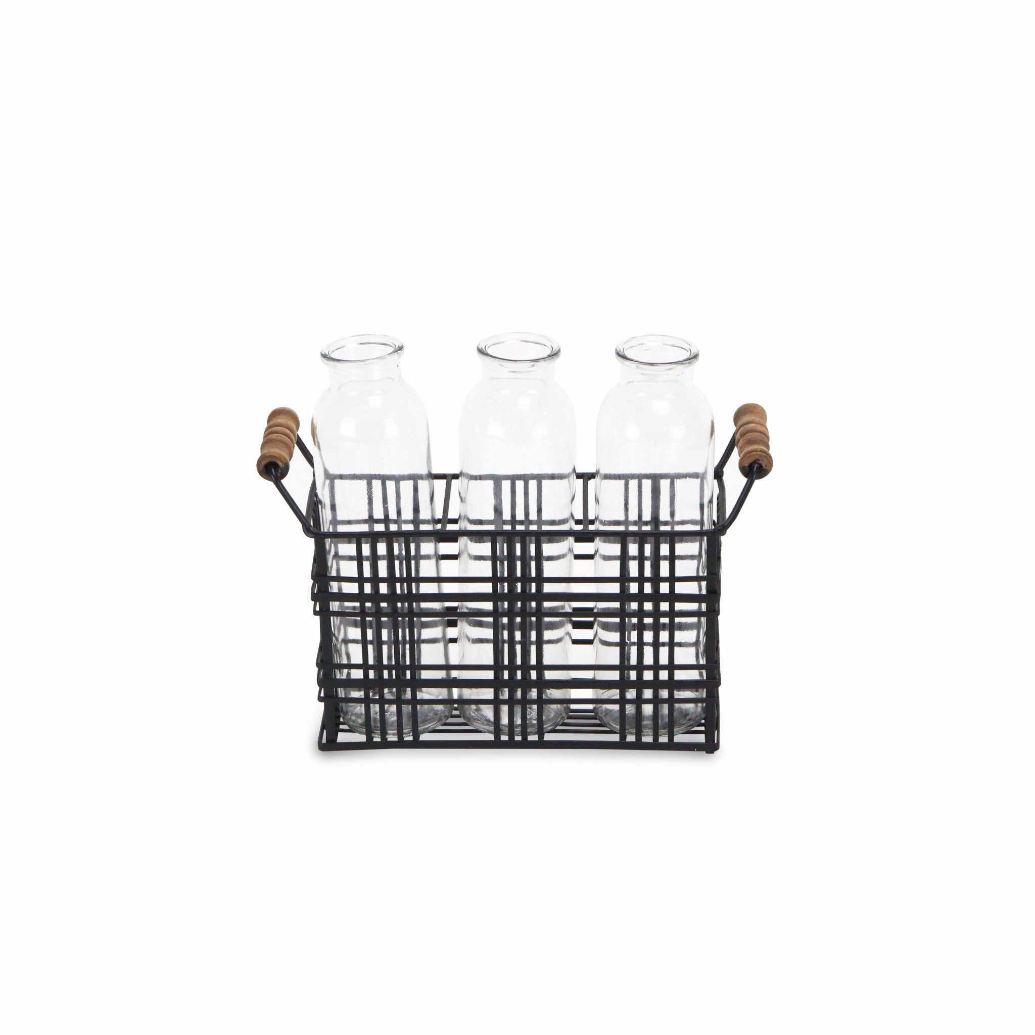 8" Set of Three Glass Bottles in Black Wire Basket - Minihomy