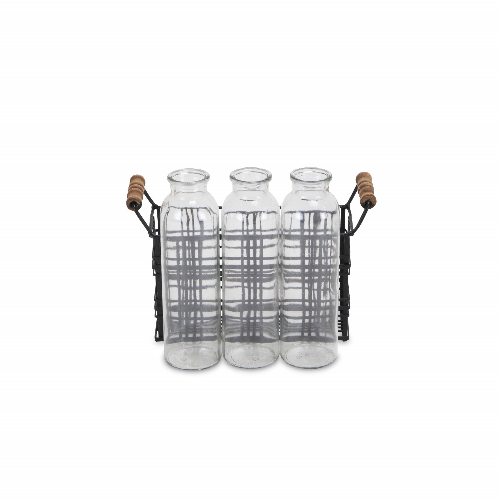 8" Set of Three Glass Bottles in Black Wire Basket - Minihomy