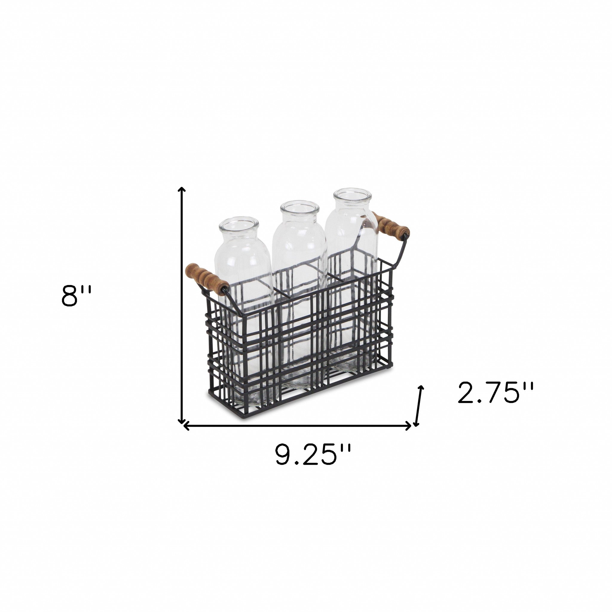 8" Set of Three Glass Bottles in Black Wire Basket - Minihomy