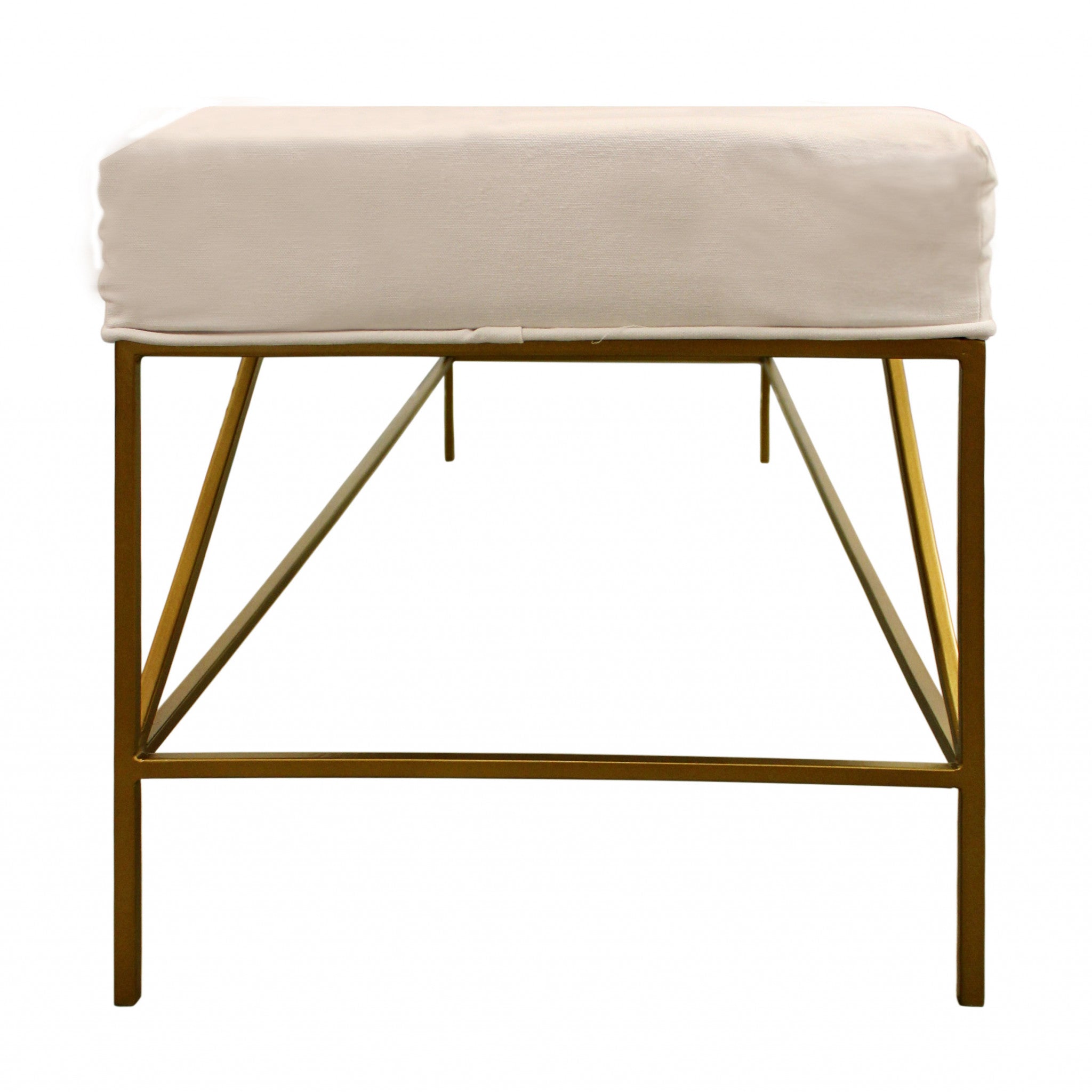 58" Ivory And Gold 100% Linen Upholstered Entryway Bench - Minihomy