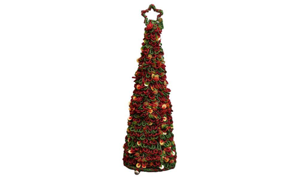 14" Green And Red Polyresin Beaded Christmas Tree Sculpture - Minihomy